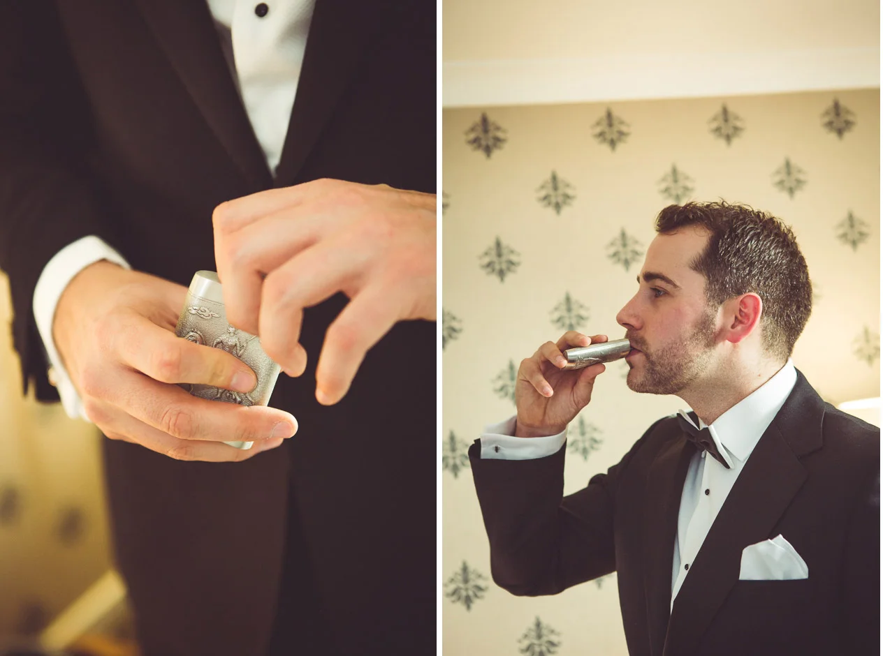 James wears a Austin Reed evening suit