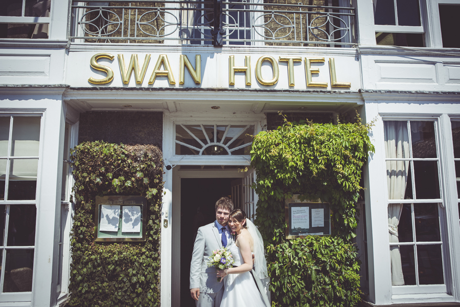 Bride and groom outside the swan hotel