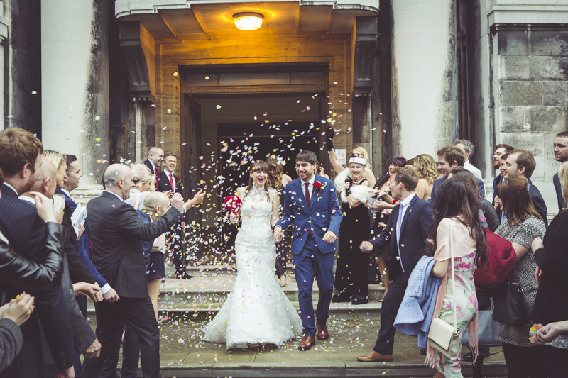 confetti on the steps of Stoke Newington Town Hall