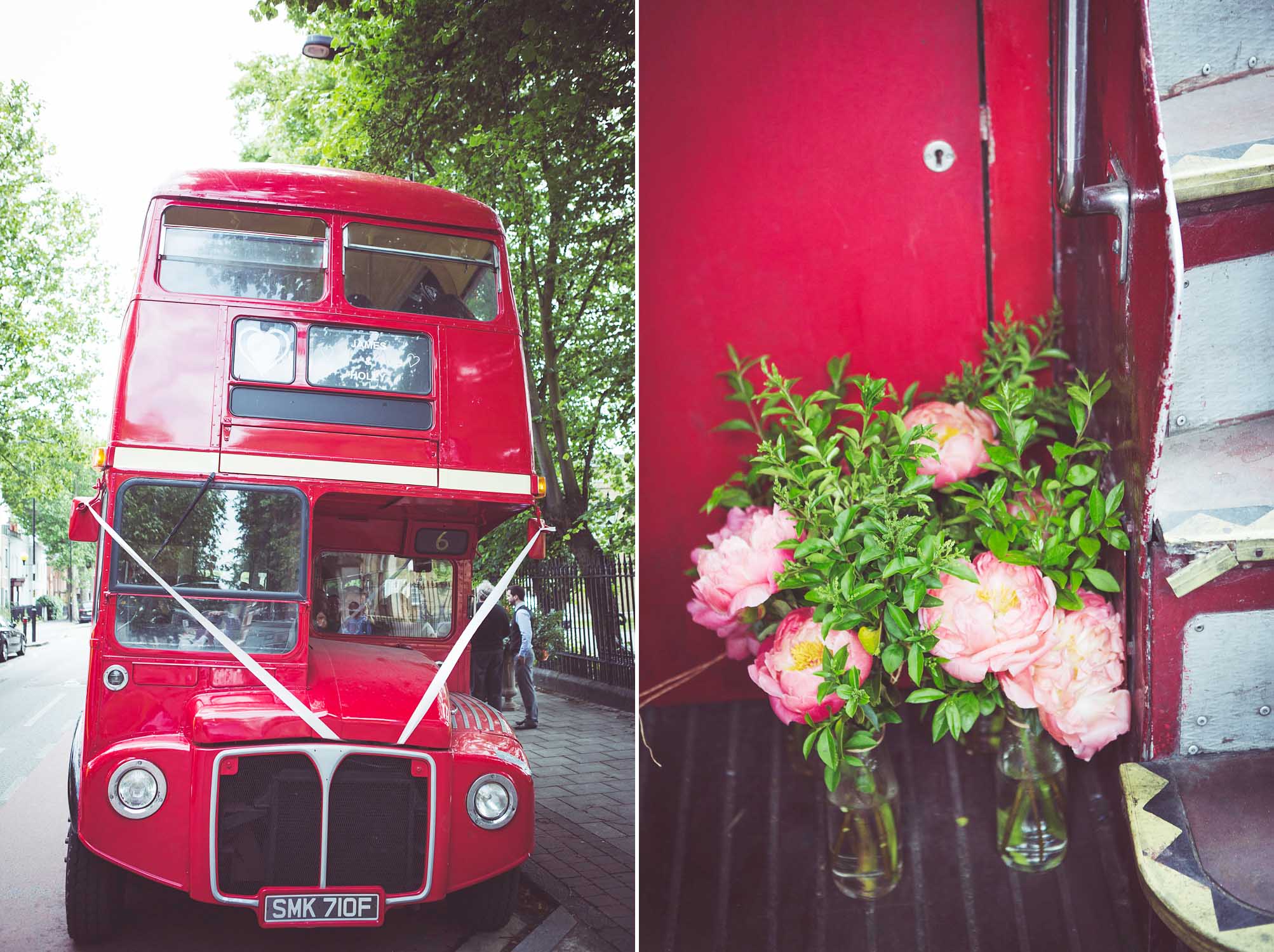 Route master bus transports the wedding guests