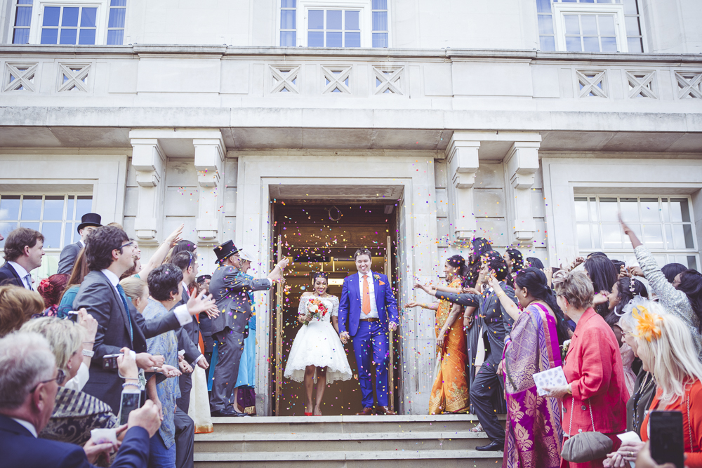 confetti on the steps of Hackney Town Hall