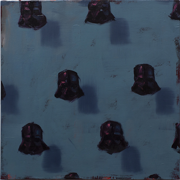 Vaders on Blue. oil on fabric mounted on wood. 16x16