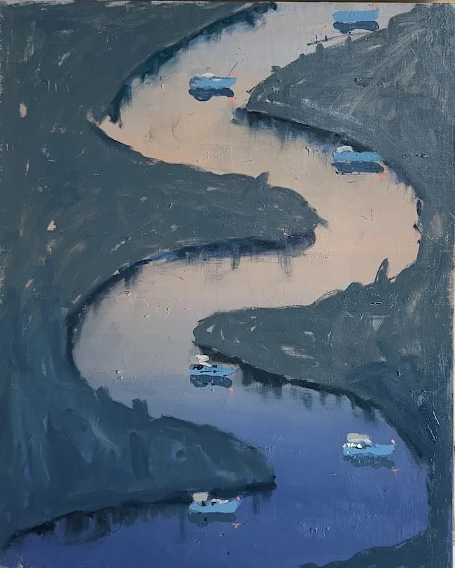 river boats. oil on wood. 2430