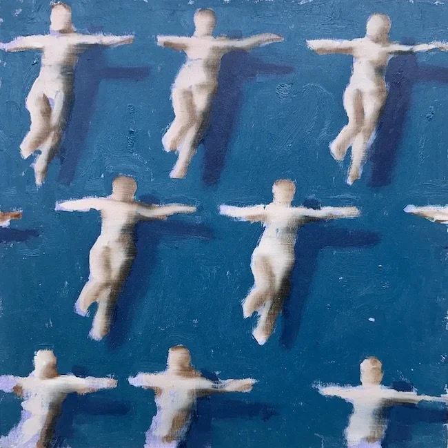nudes on dark green. oil on wood. 12 x 12