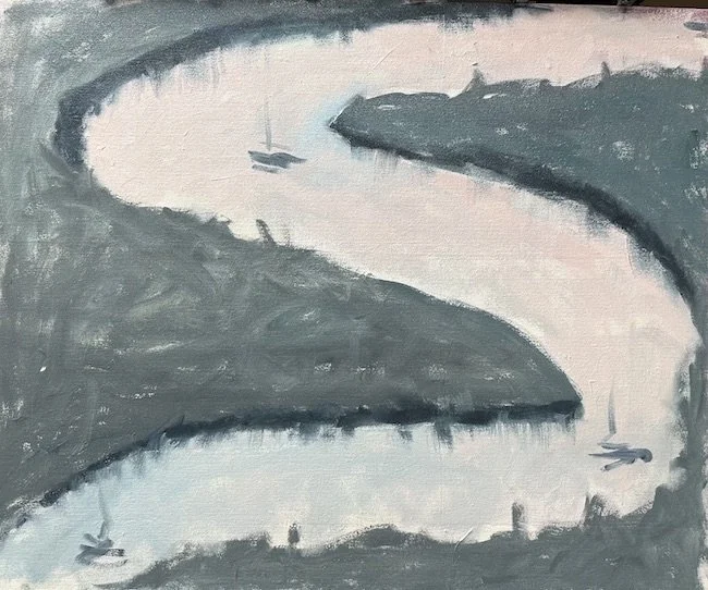 river boats. oil on canvas mounted on wood. 33 x 27