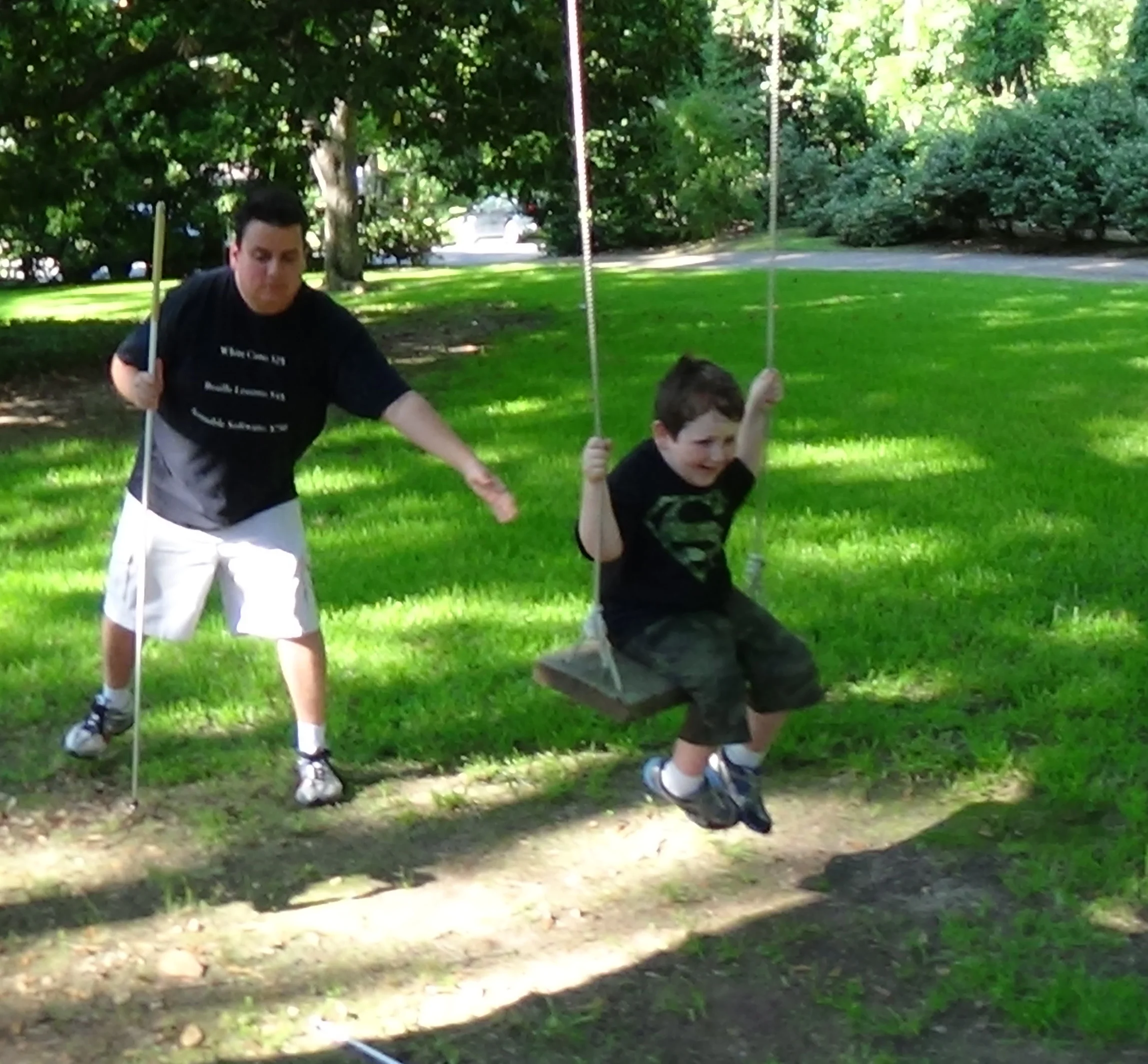Mr. G pushing Strider on the tree swing