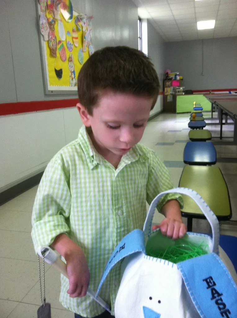 Jordan gets ready for his PreK Easter Egg hunt