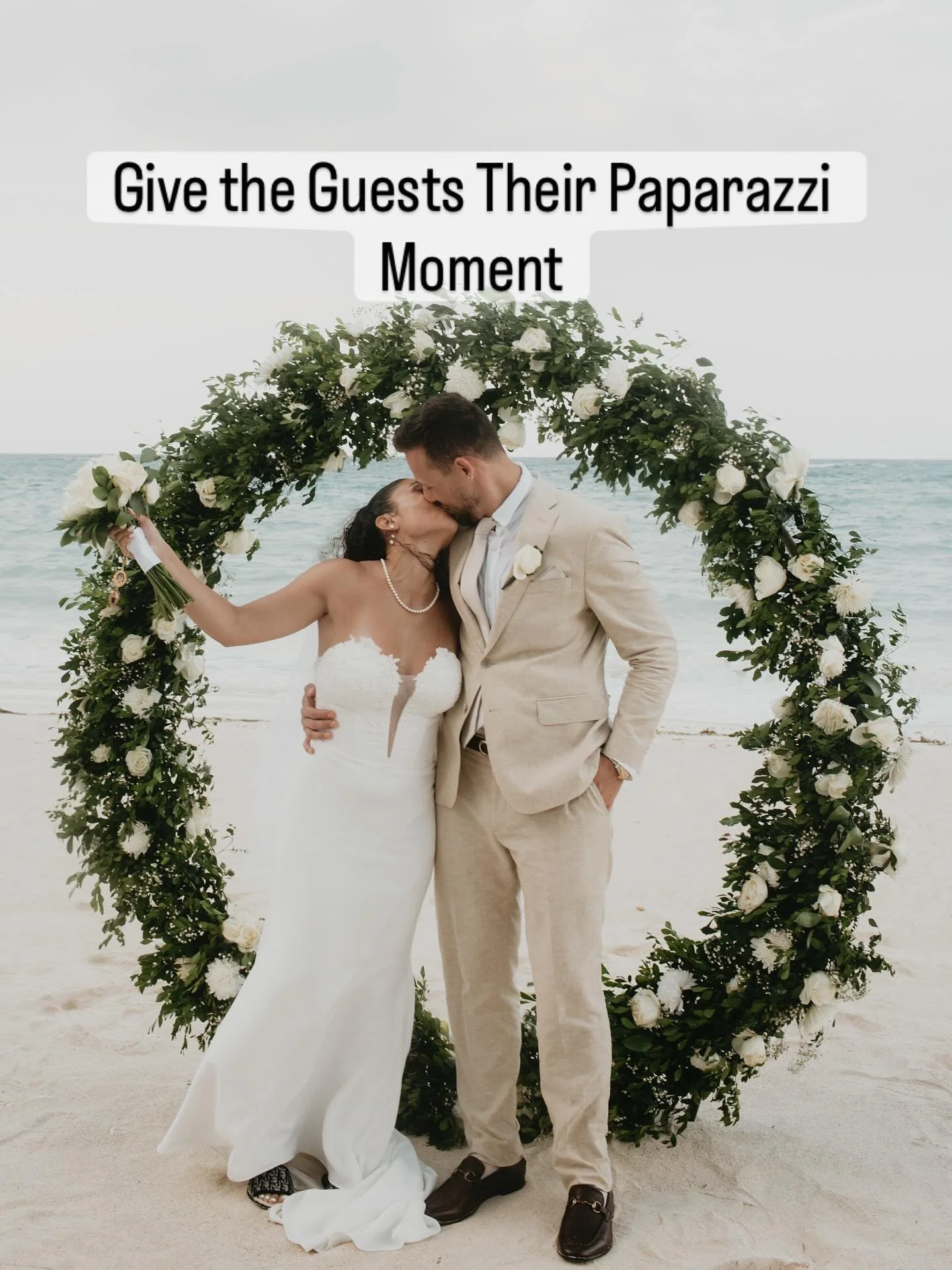 After you&rsquo;ve walked up the aisle as husband and
wife, had your little cheer/woohoo, pause before
you disappear. Have someone on the mic (your
officiant or MC) tell guests: &ldquo;The couple will be
back at the arch in a minute, get your pho