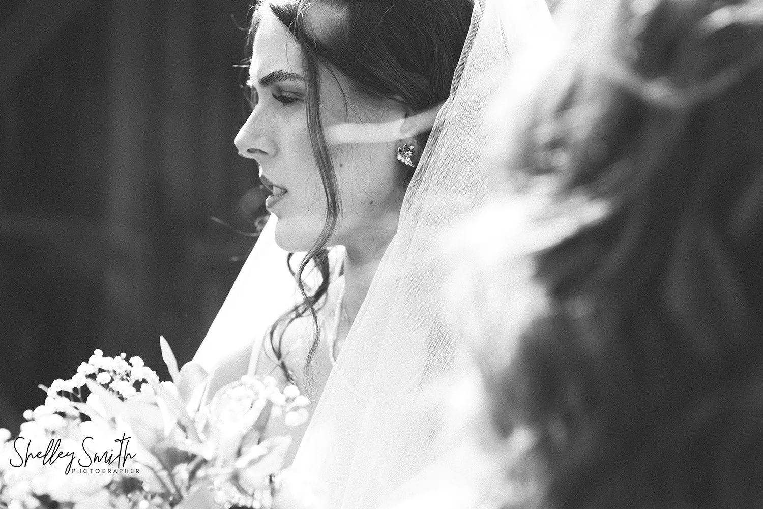 Detail portrait of bride with wooden barn background