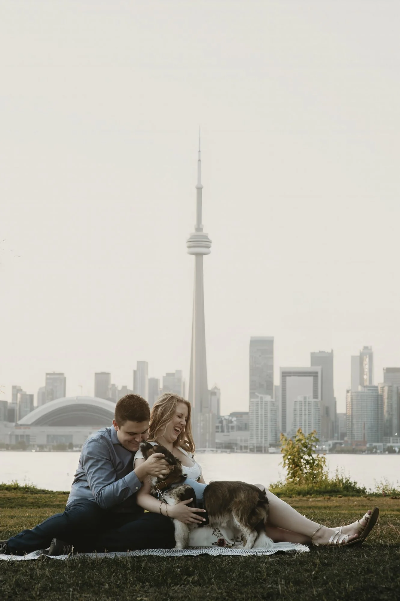 A happy couple sitting on a blanket by the water with their dog in front of Toronto skyline and CN Tower, during sunset.