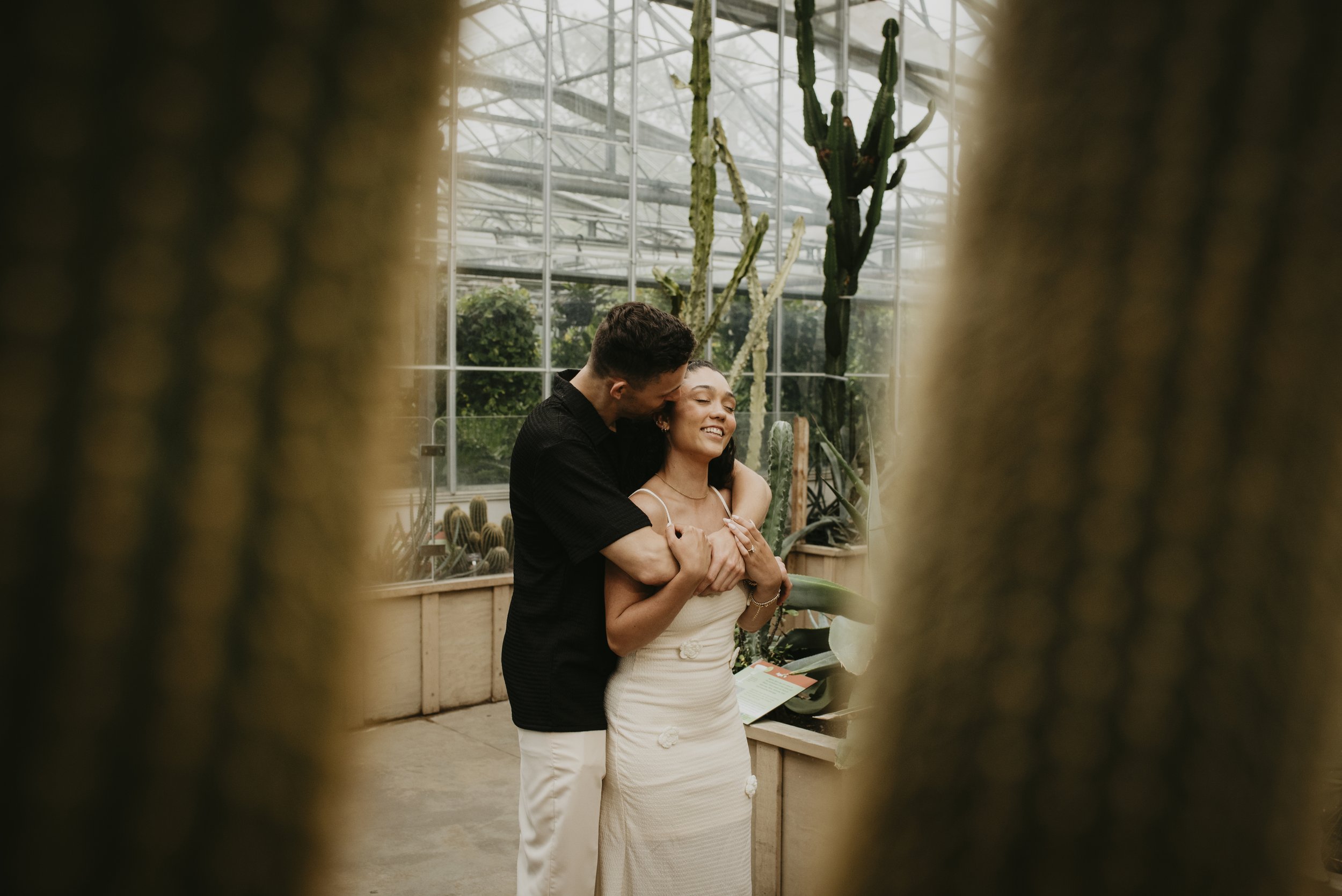 A man and a woman embrace affectionately inside a greenhouse filled with tall cactus plants, viewed through a narrow gap.