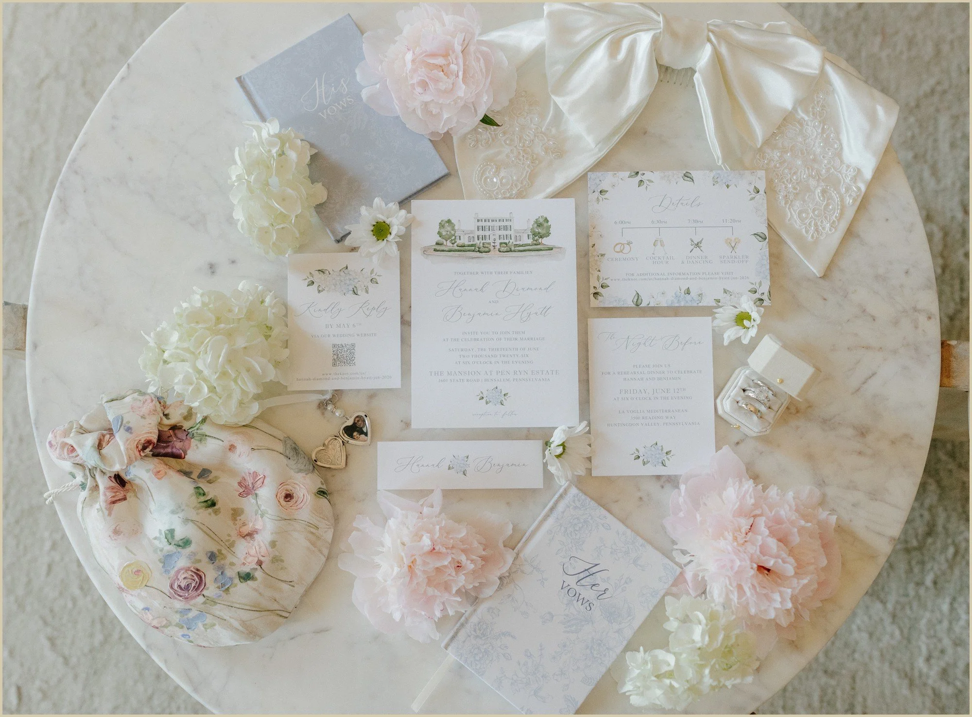 soft pastel and floral inspired hand drawn invitation suite