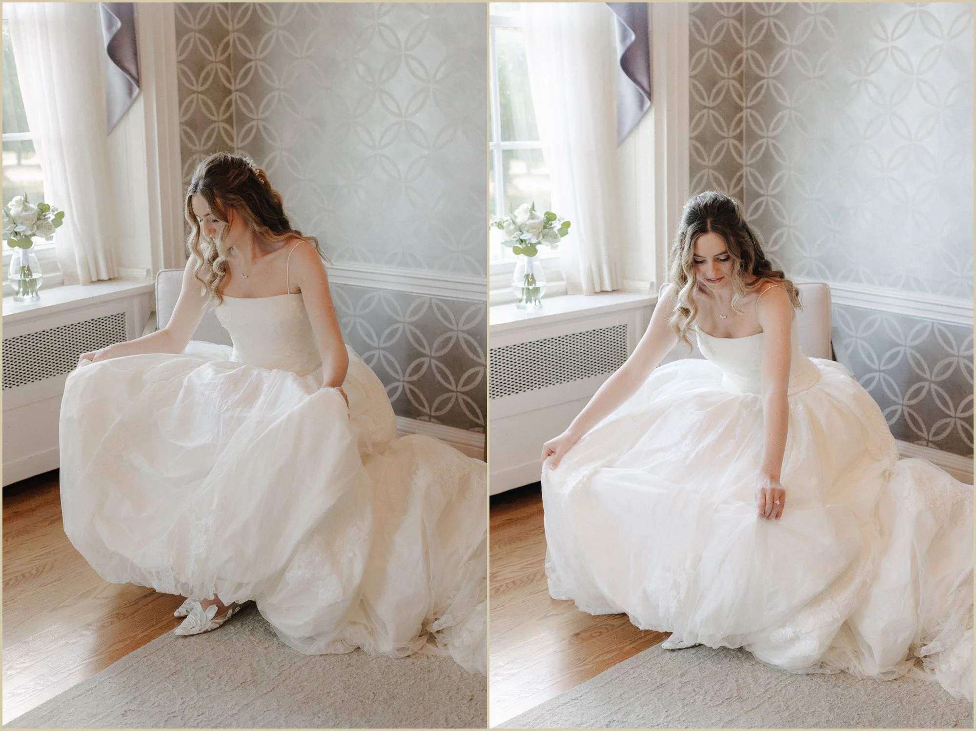 bride adjusting her danielle frankel dress