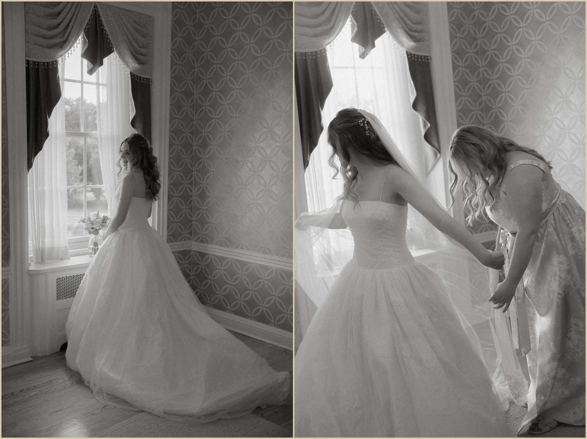 black and white cinematic candid of bride in veil