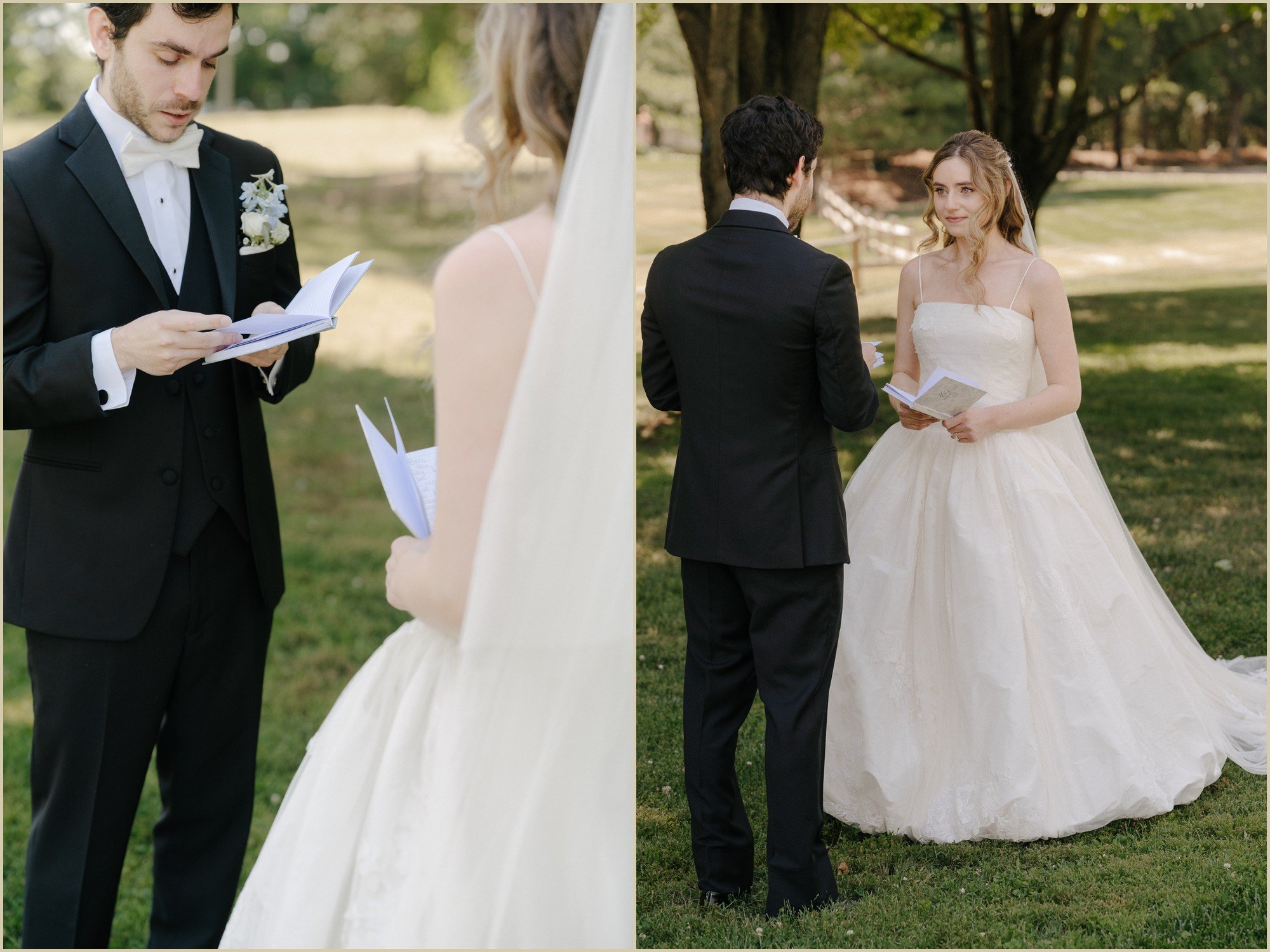 bride and groom reading private vows