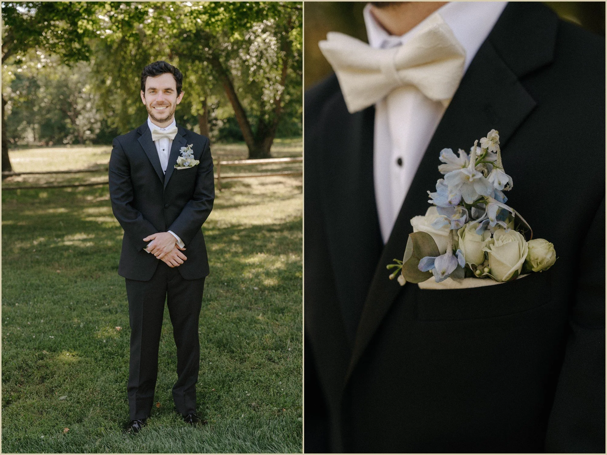 groom portrait and detail of boutinere
