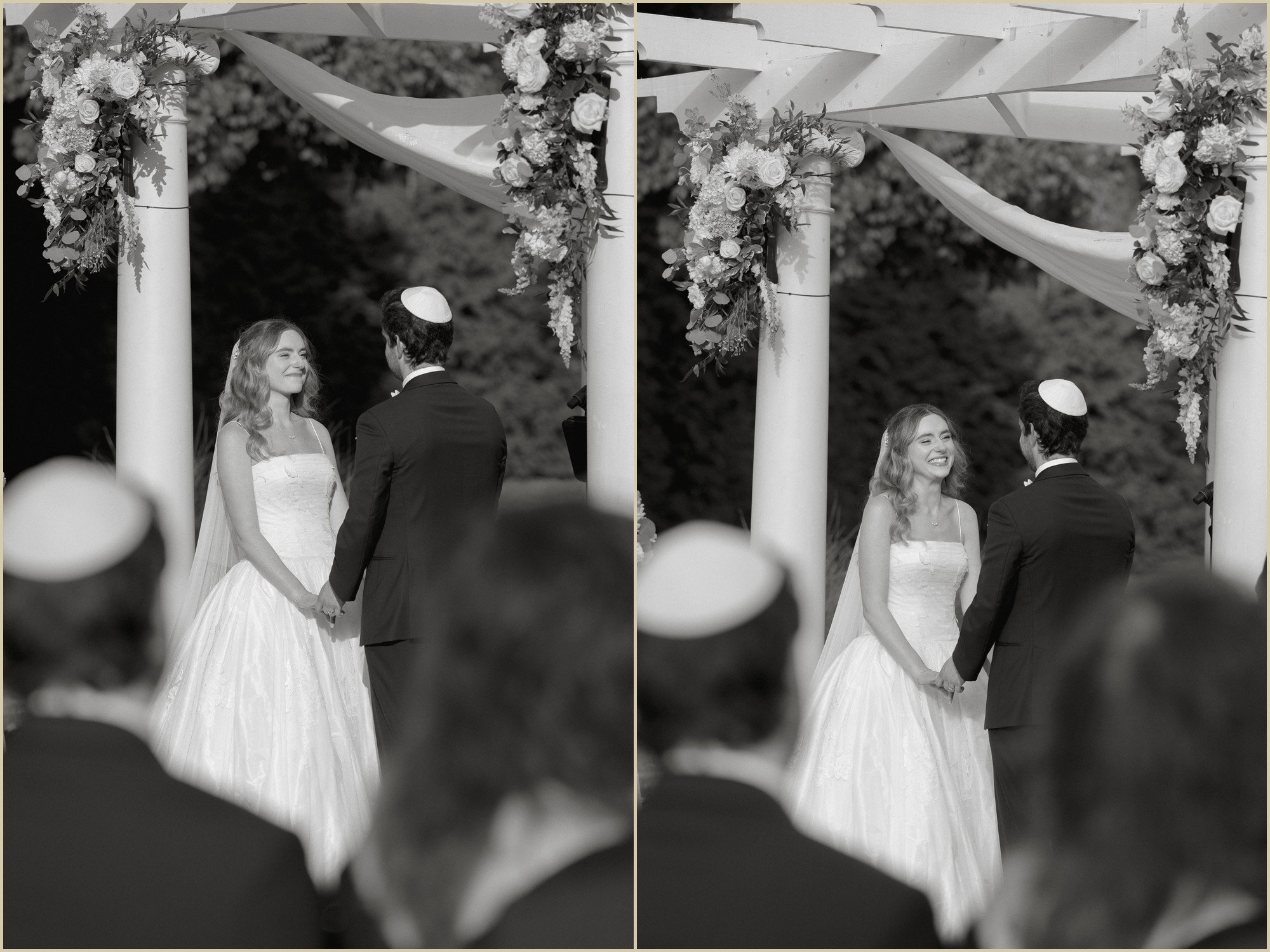 black and white photo of brides reaction during wedding ceremony