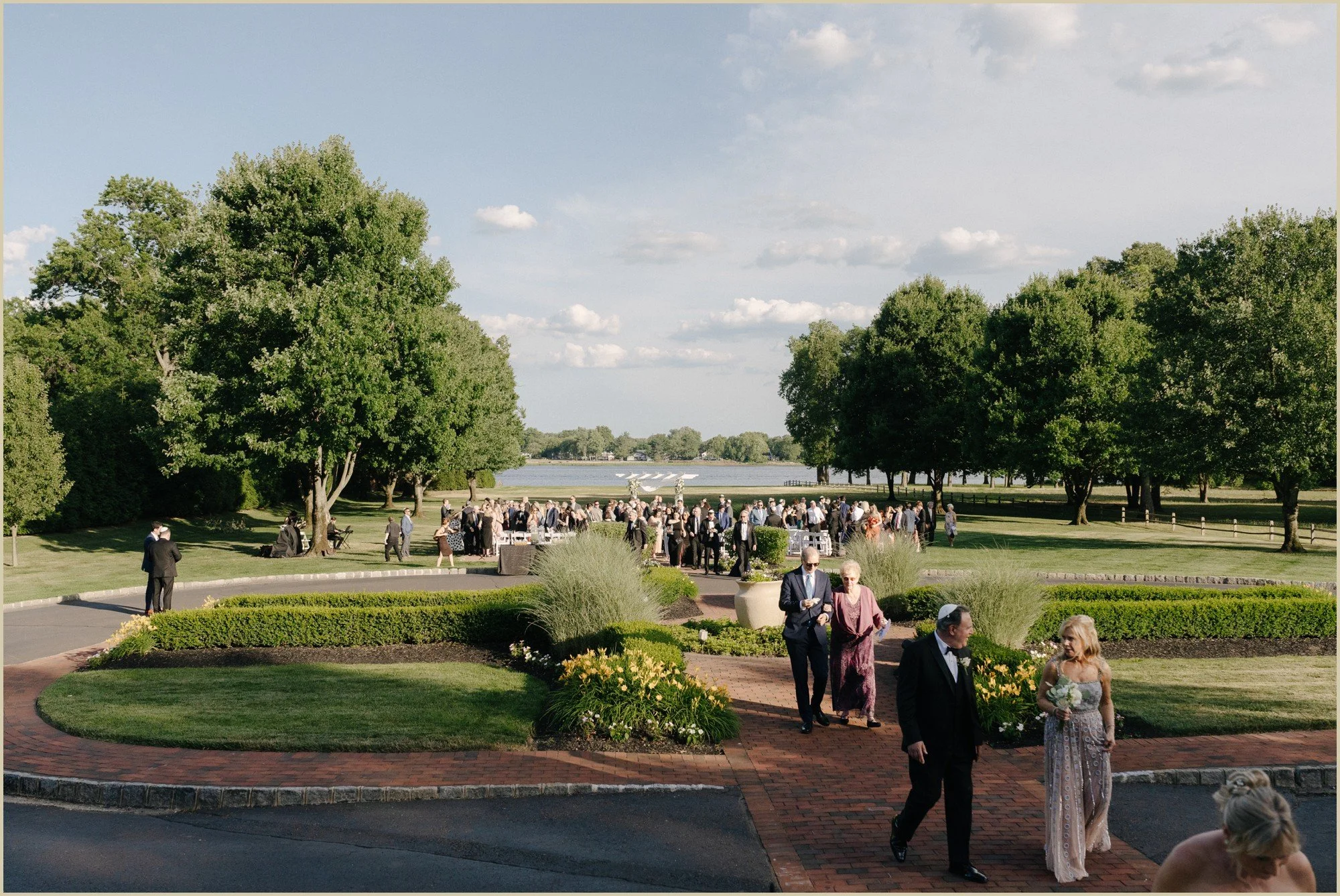 wedding guests walking into pen ryn after ceremony