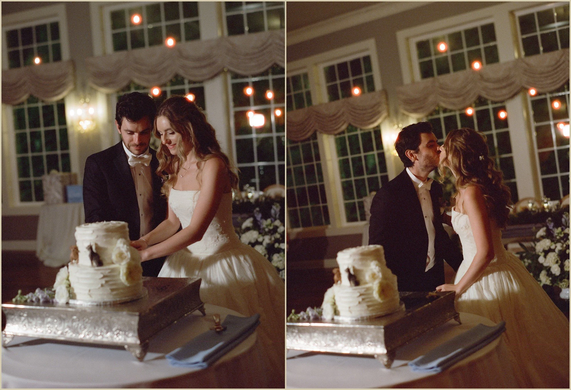 film photography of bride and groom cutting the cake