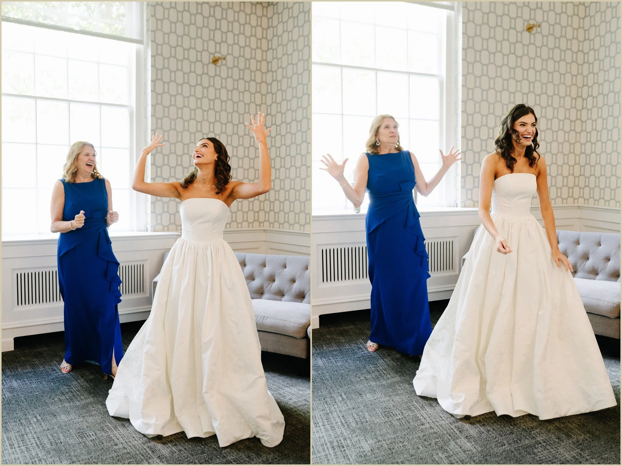 bride and her mother laughing and smiling after bride puts dress on