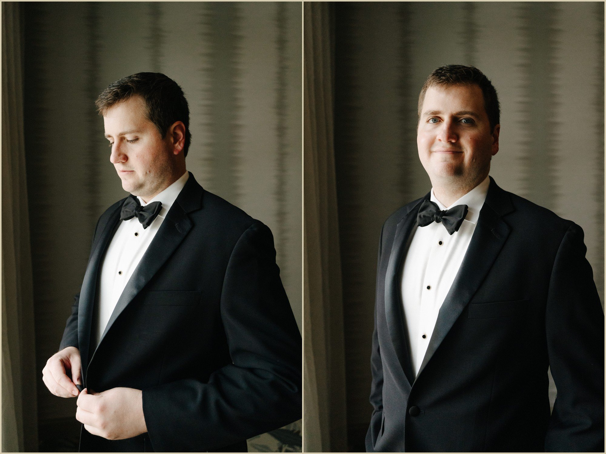 groom standing in window before wedding ceremony