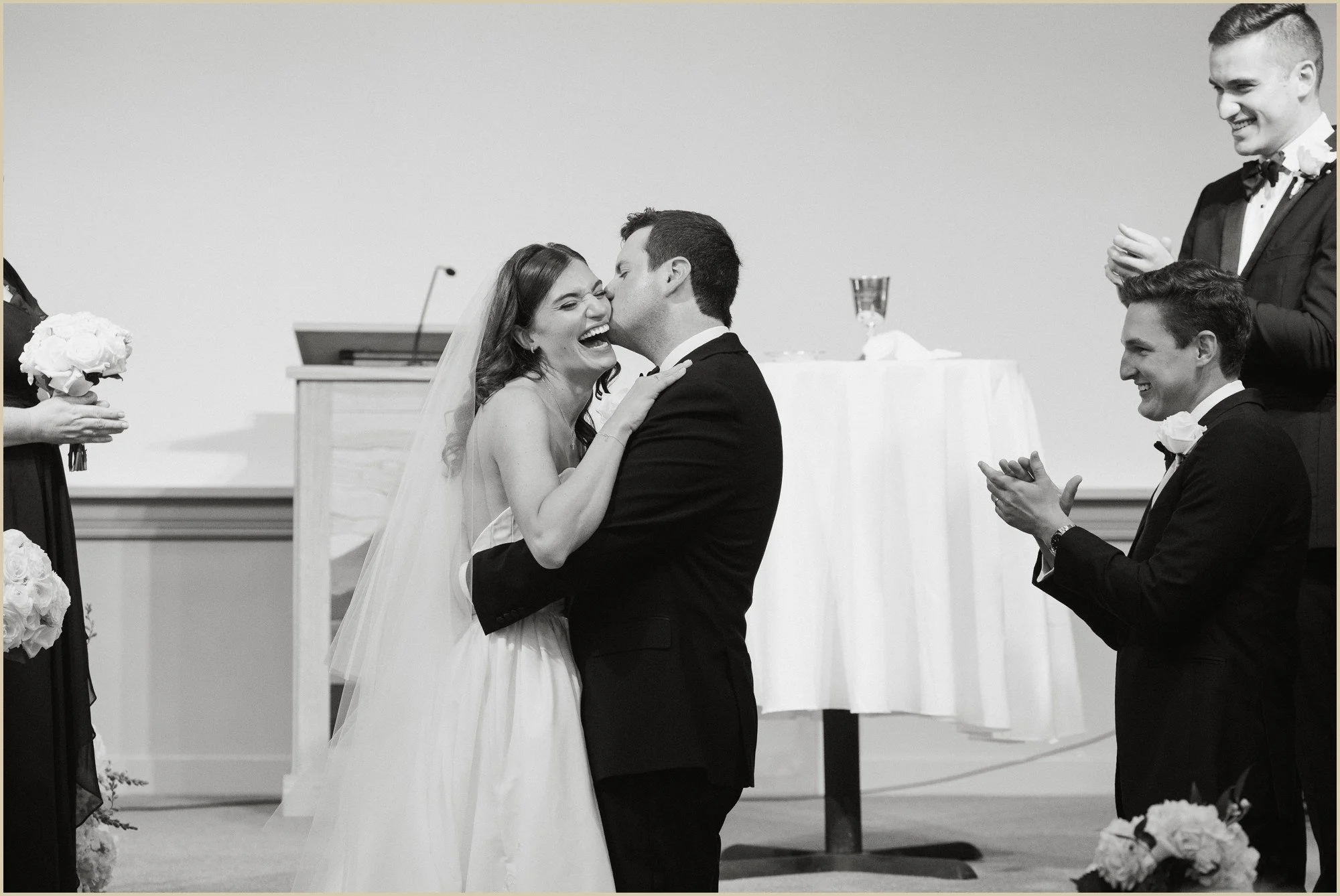 bride and groom laughing after wedding ceremony