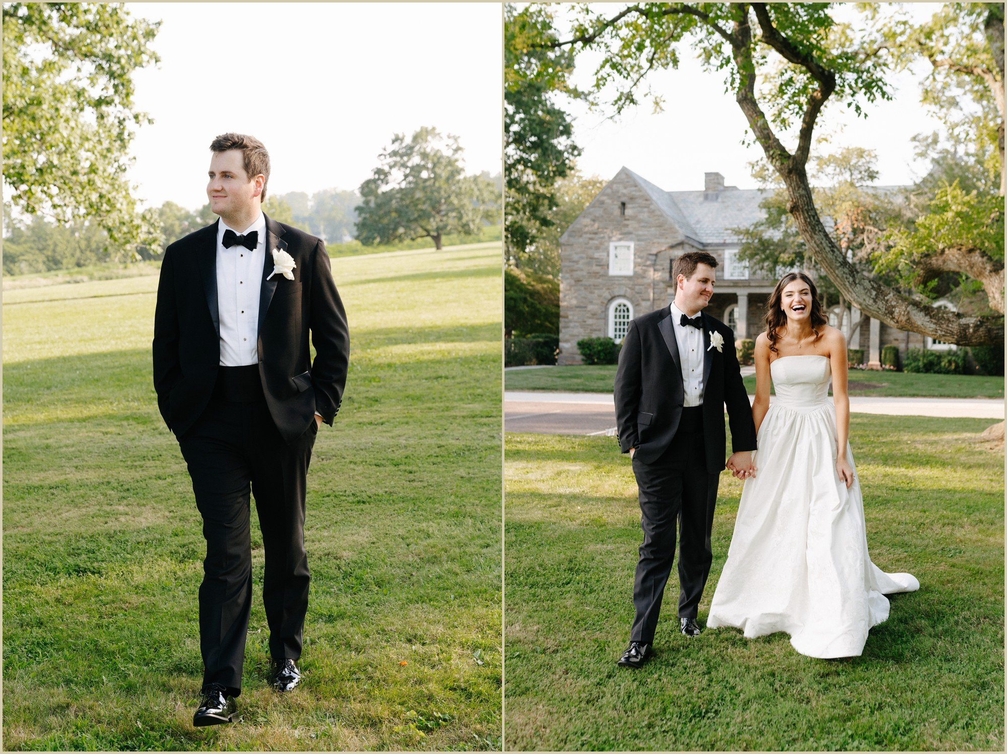 casual wedding portrait of bride and groom walking