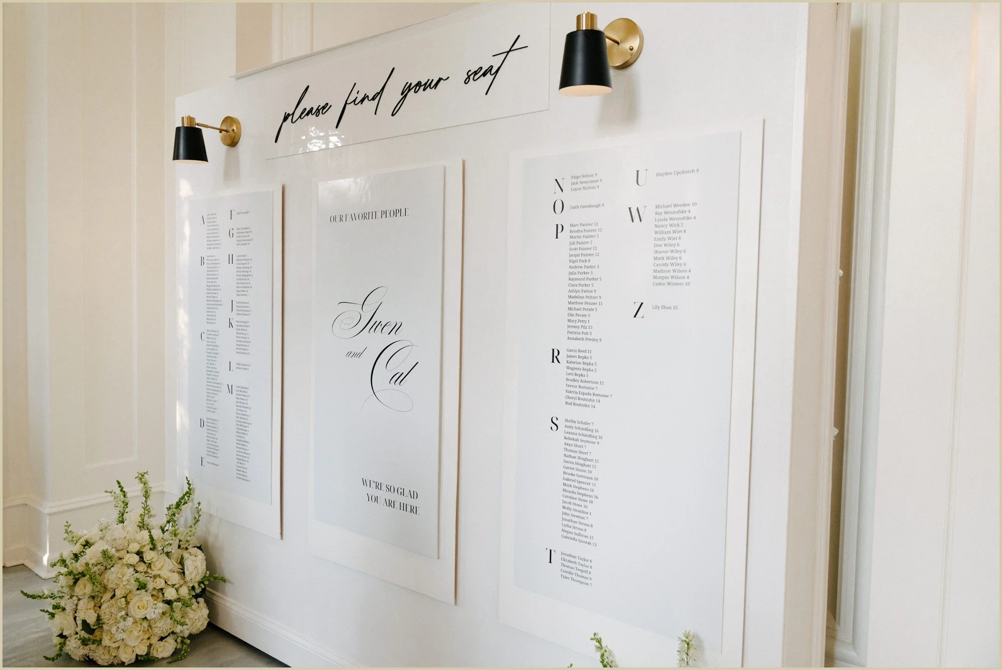 white and black themed guest seating chart