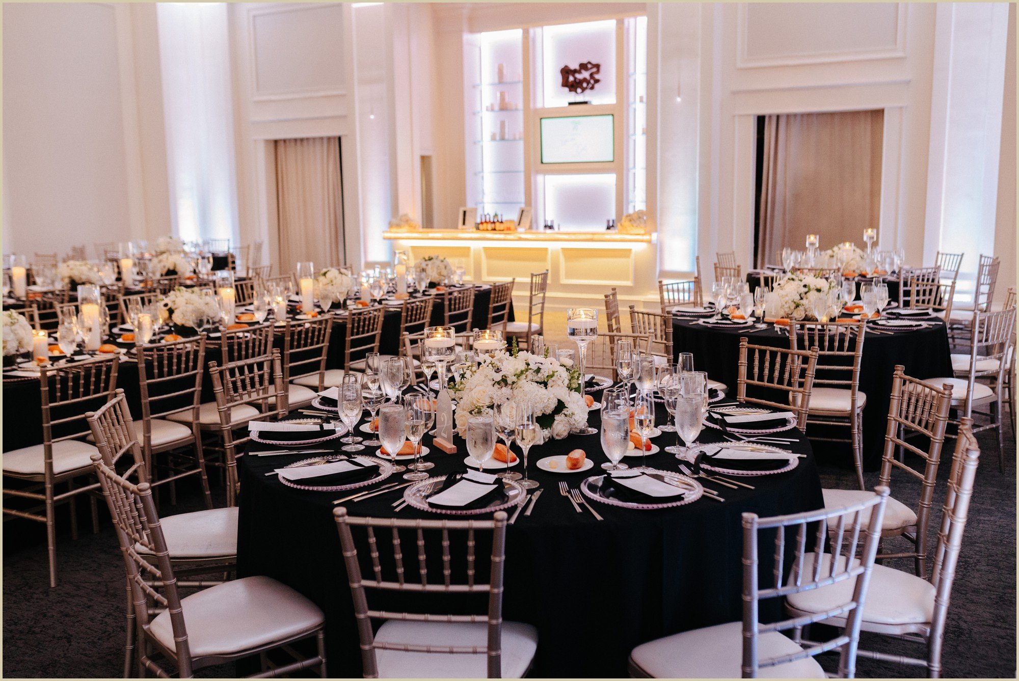 reception decor in black and white theme at the ballroom at ellis preserve
