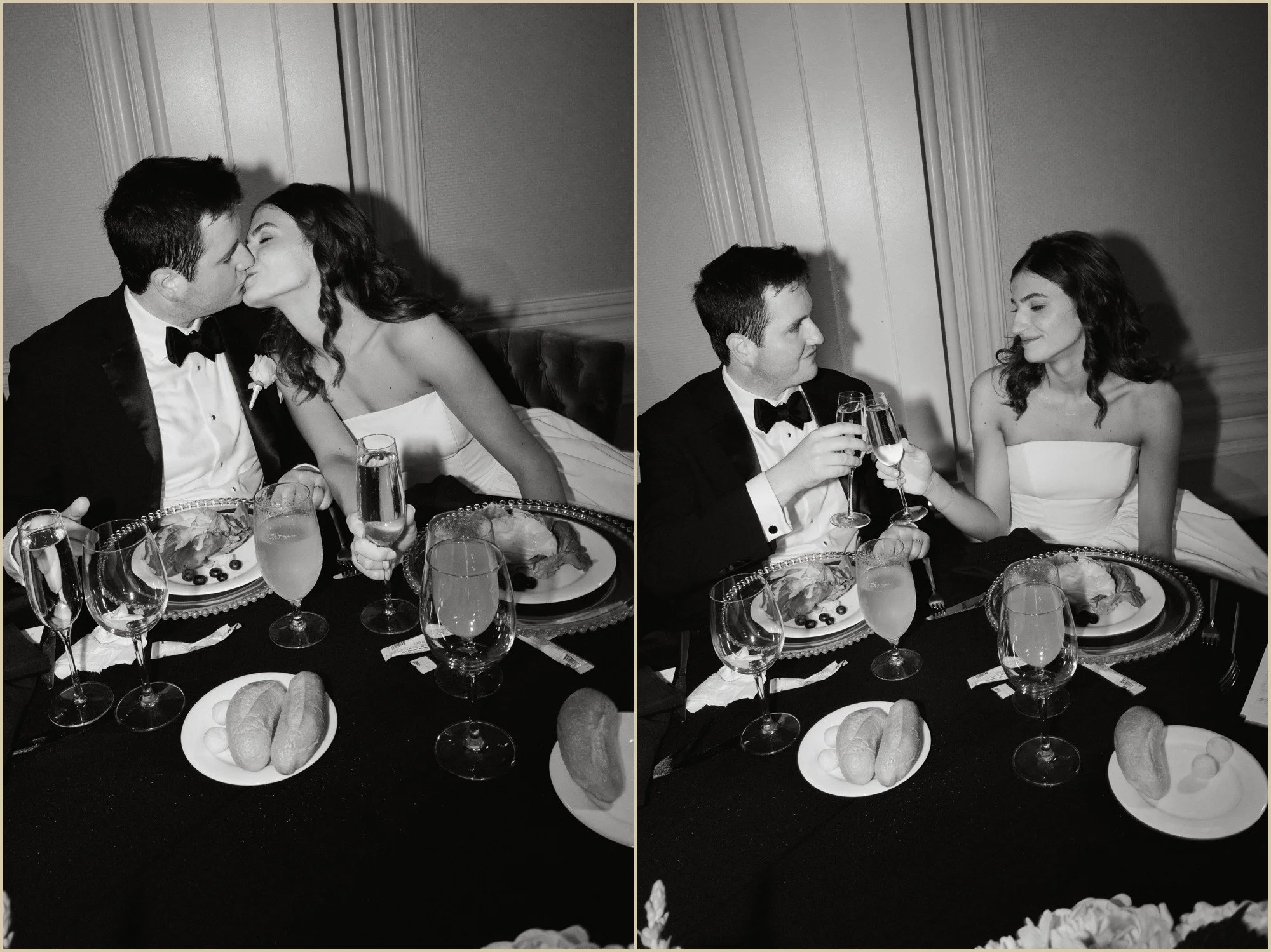 direct flash magazine style photo of bride and groom toasting and kissing