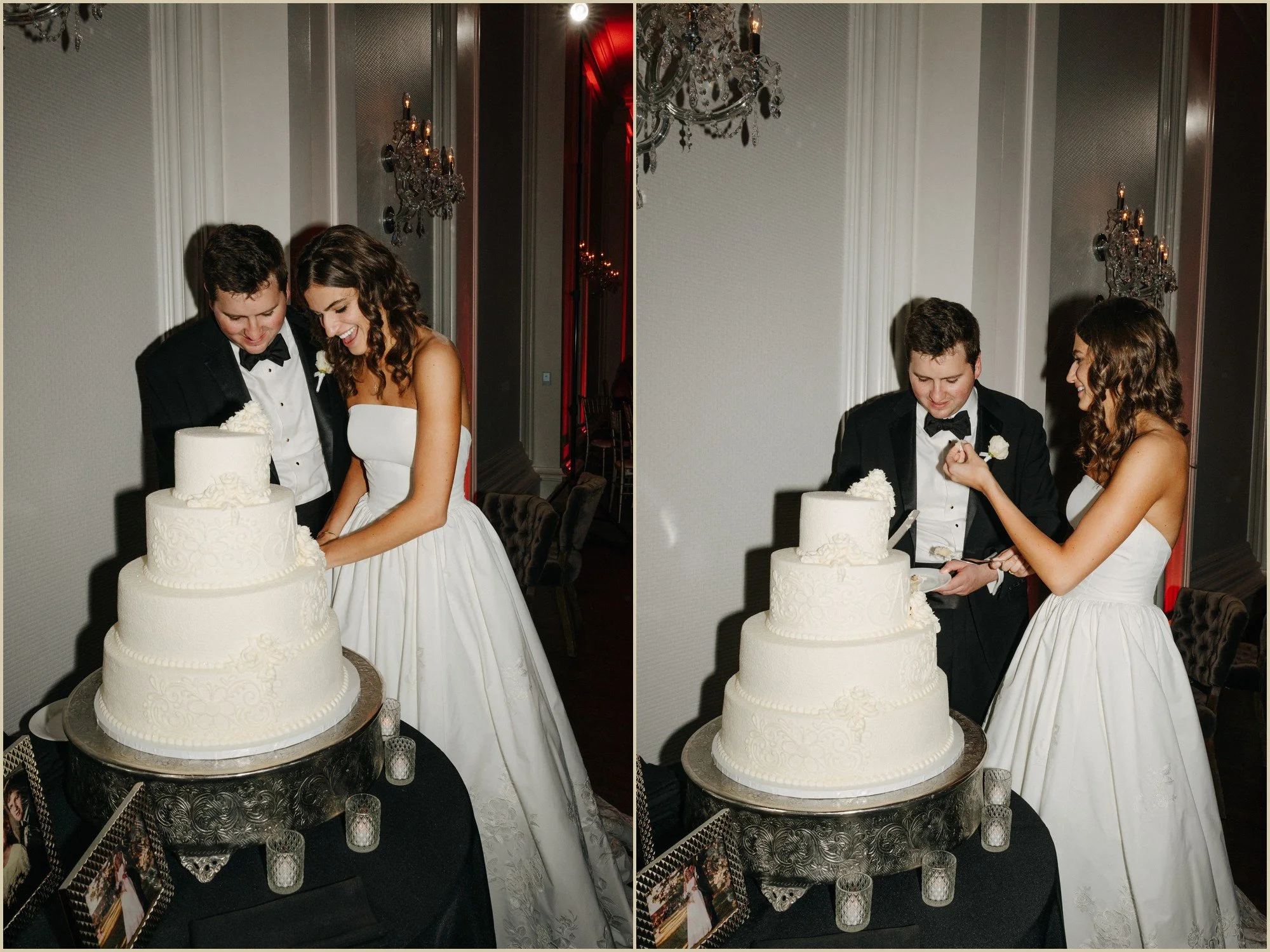 direct flash bride and groom cutting the cake