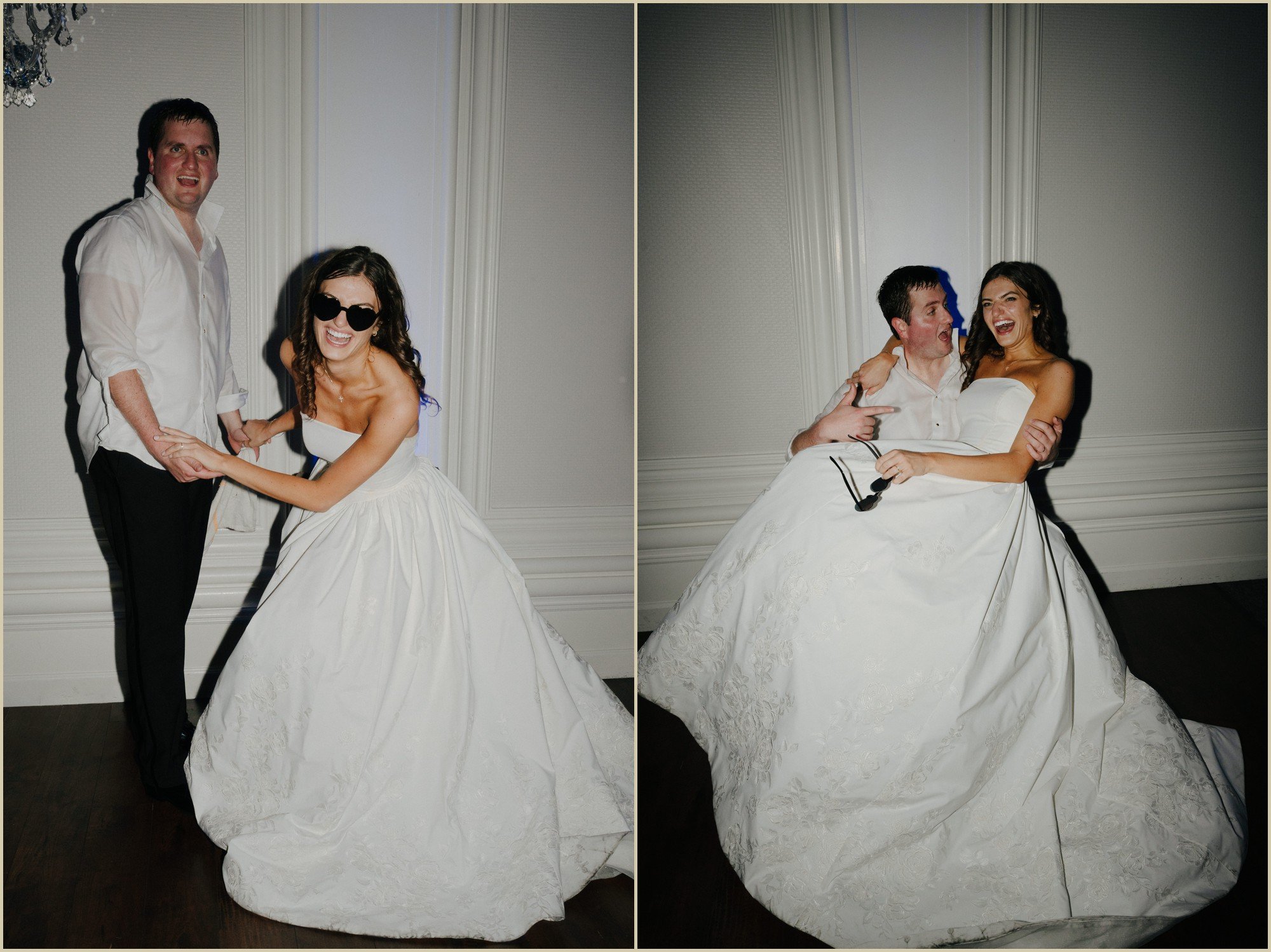 direct flash of bride and groom at the end of the night laughing and smiling