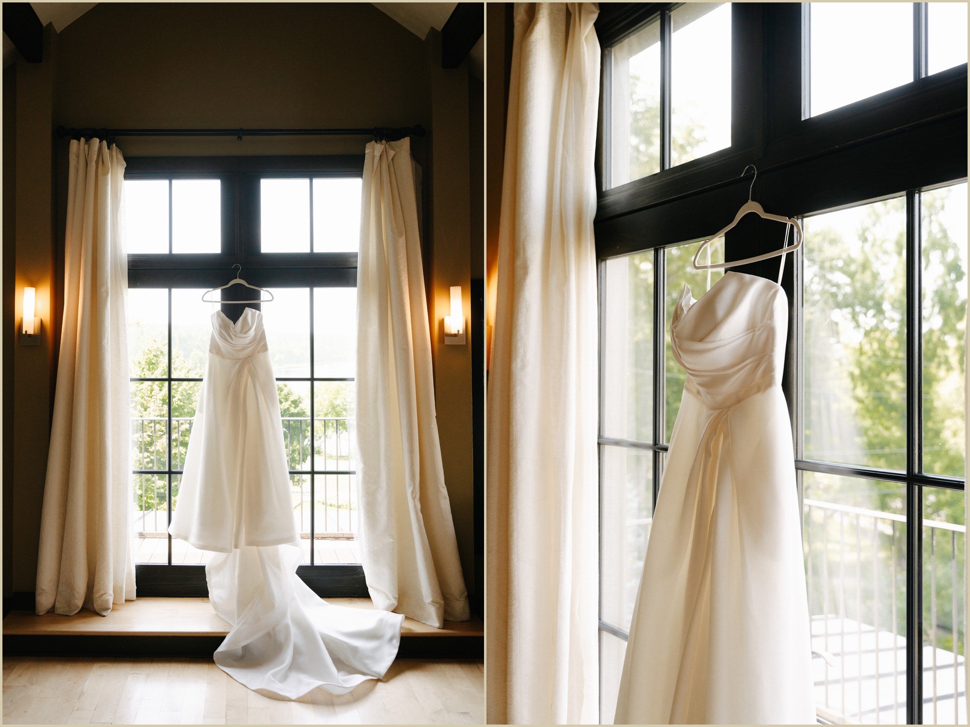 wedding dress hanging in window moody lighting