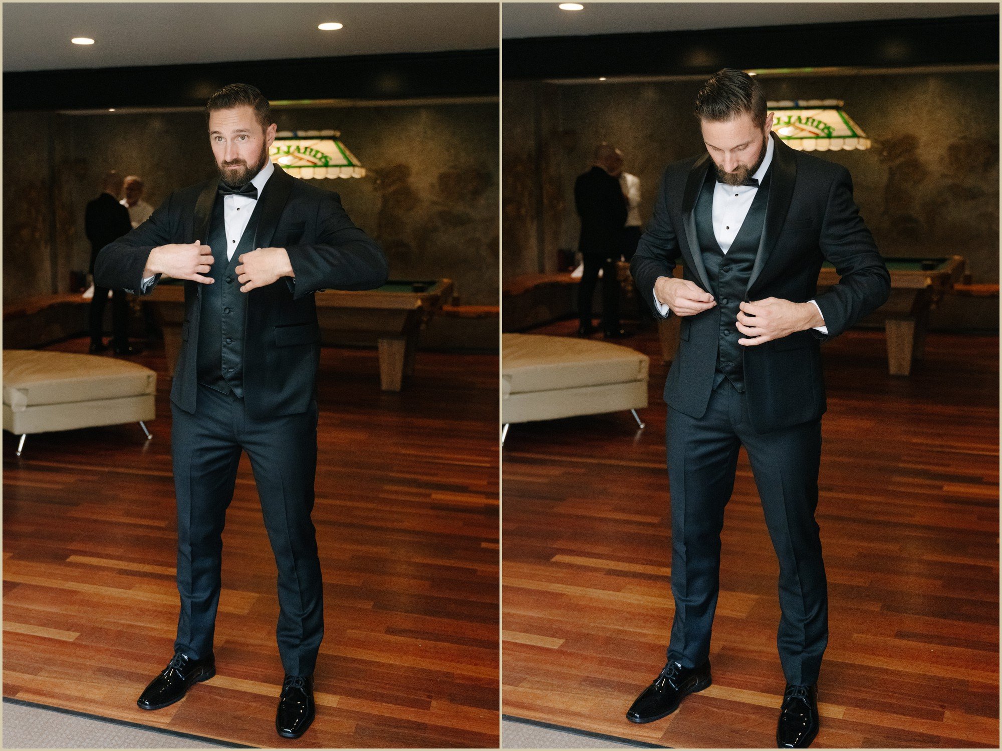 groom putting his jacket on