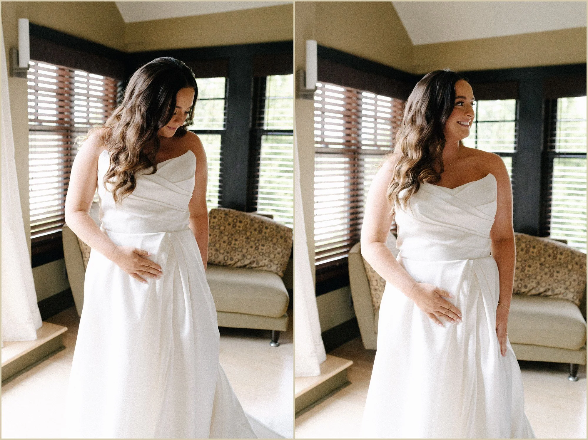 bride just after putting her dress on