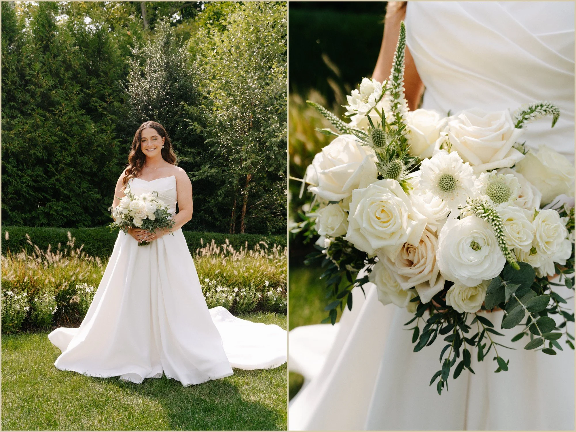 bridal portraits and bouquet with white flowers