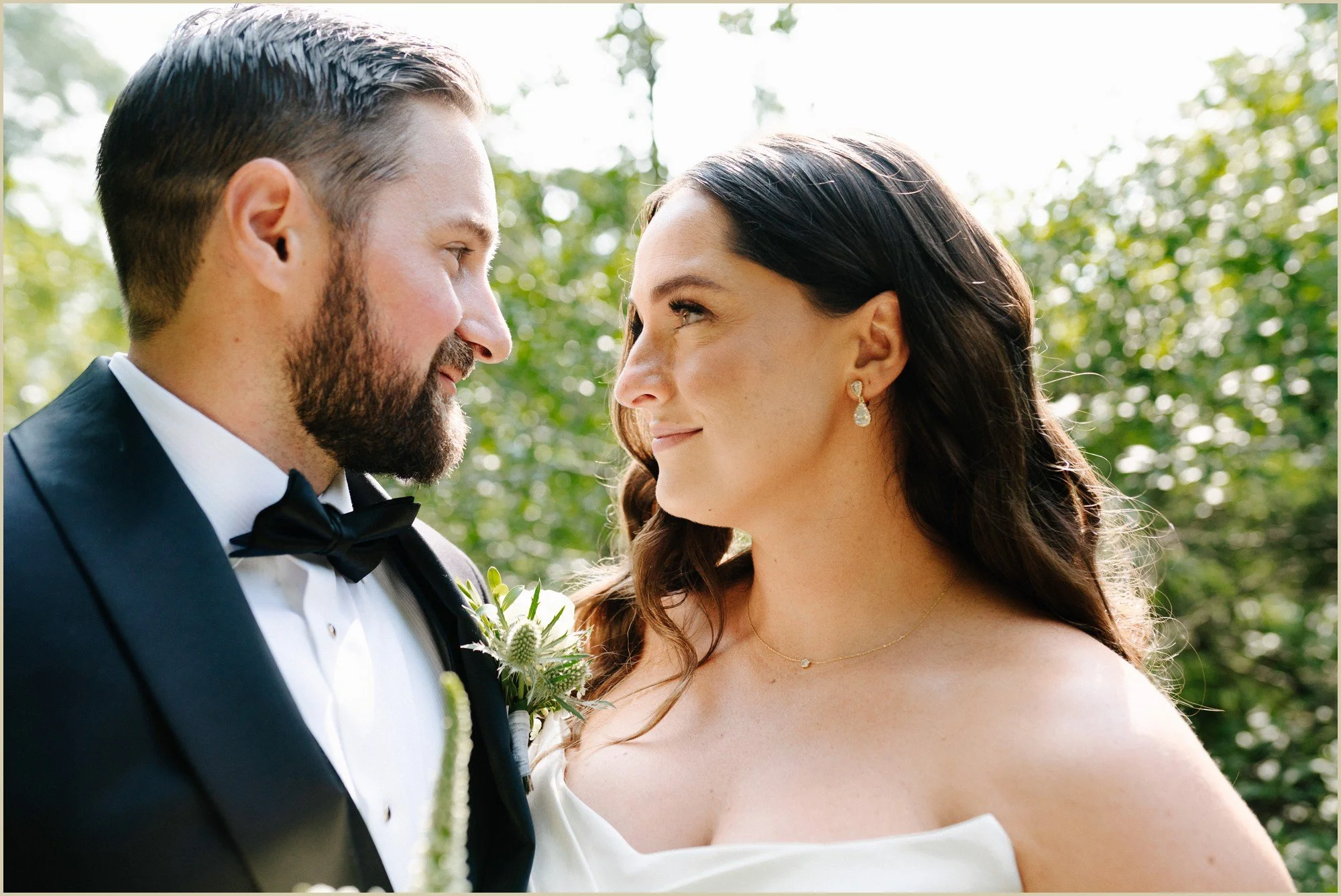 close up of bride and groom looking into each others eyes