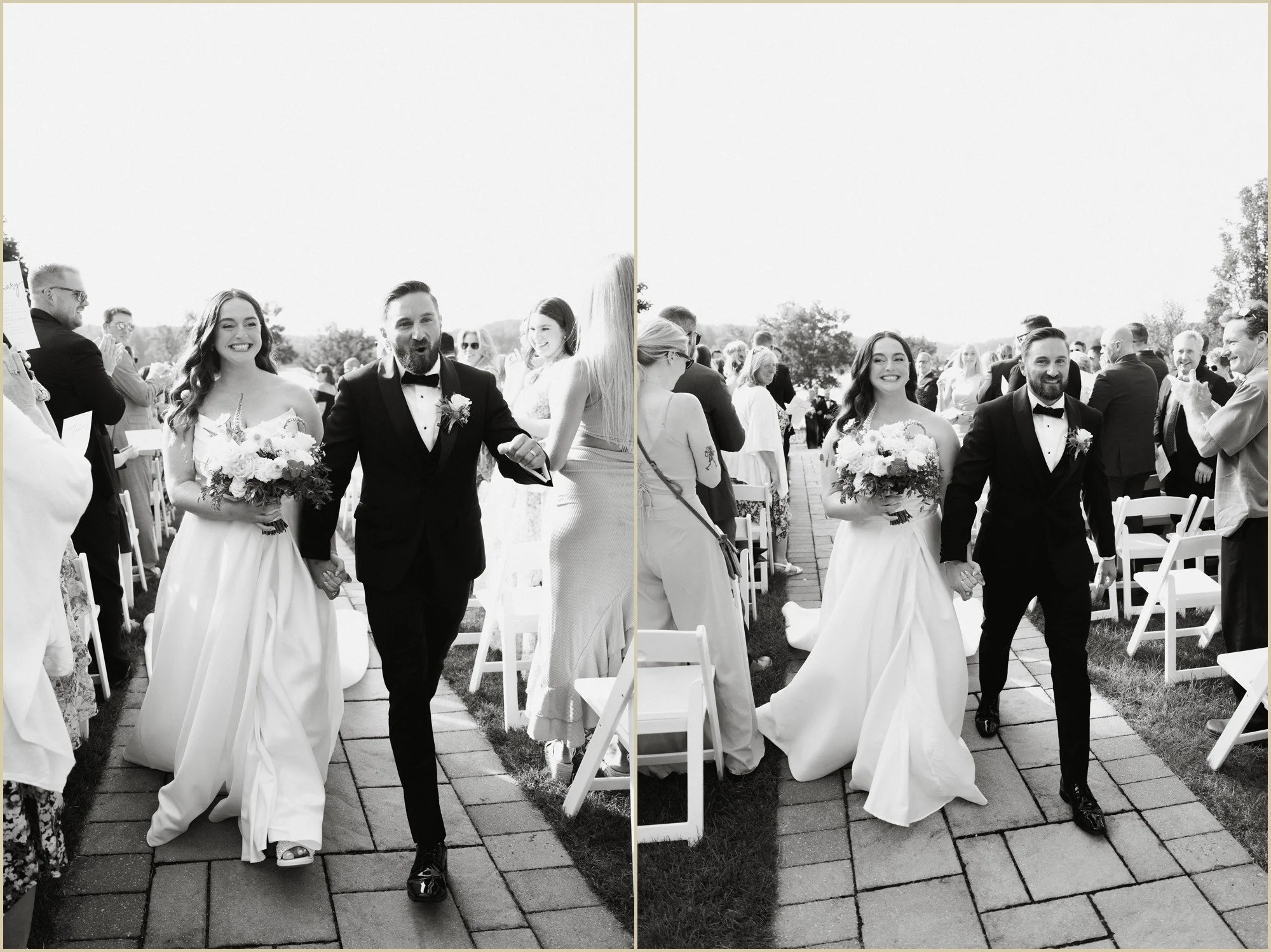 documentary style wedding photo of bride and groom walking down aisle after ceremony