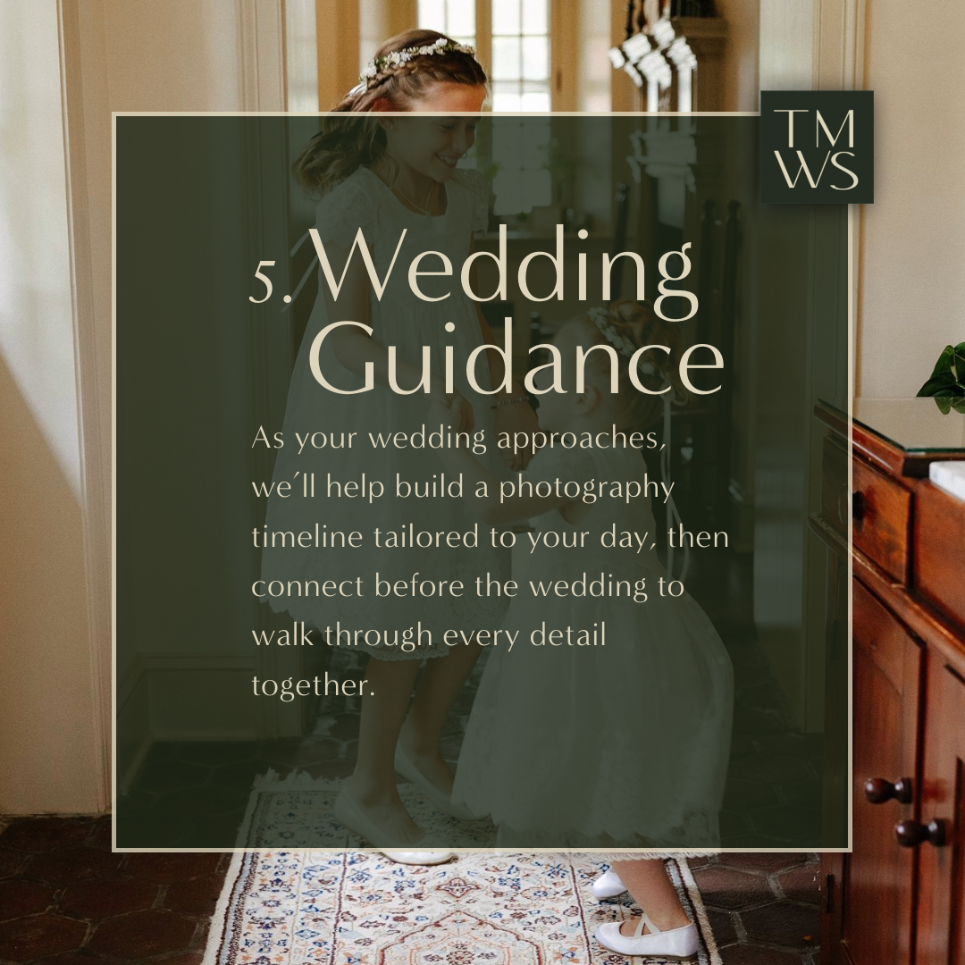 flower girls dancing in background and a graphic explaining how we guide couples along during the planning of their wedding