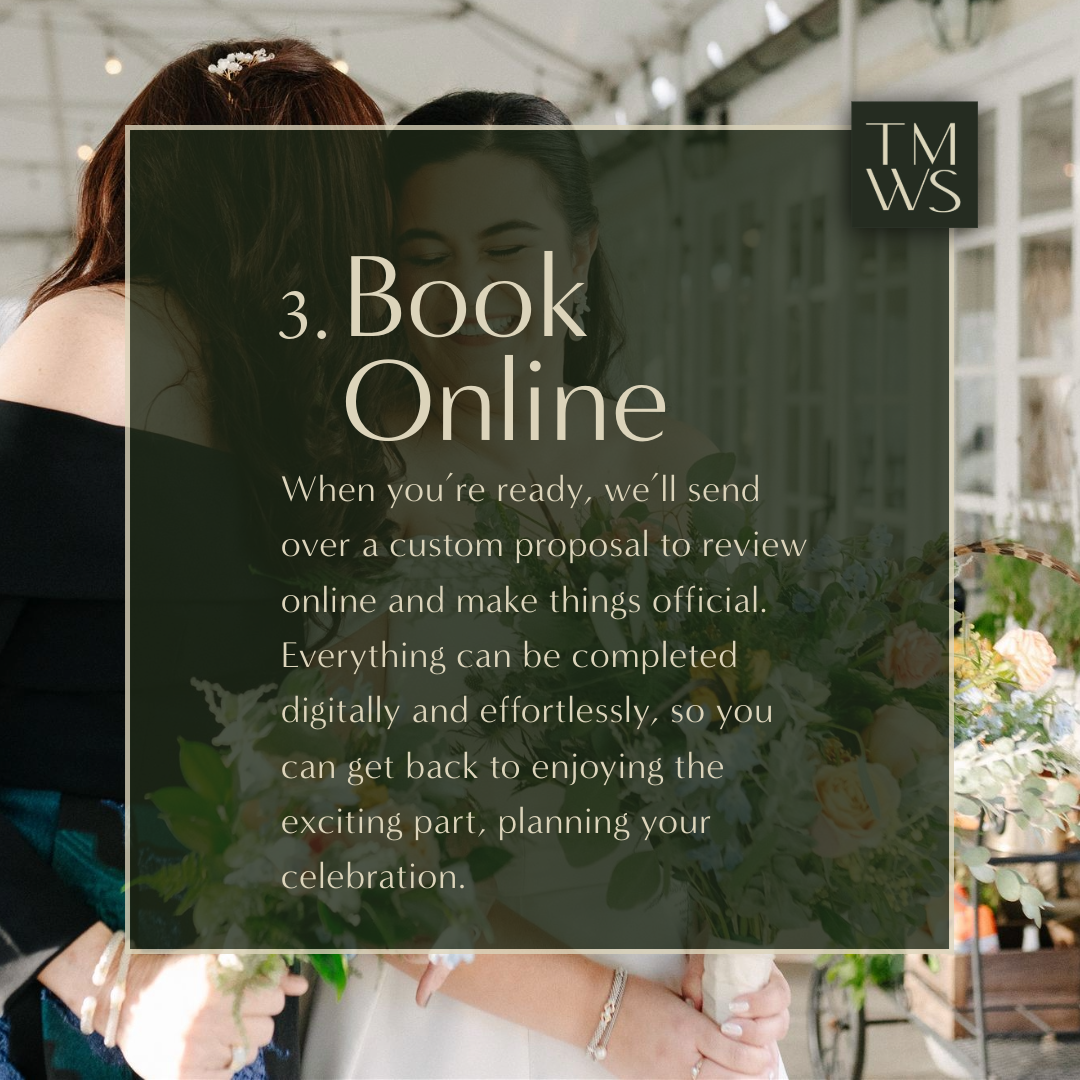 bride with mother smiling behind graphic explaining their experience booking with us