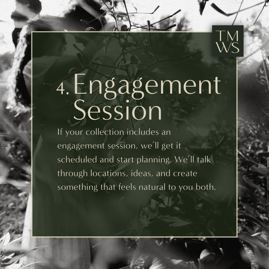 out of focus candid of an engaged couple behind graphic of their experience doing a session with us