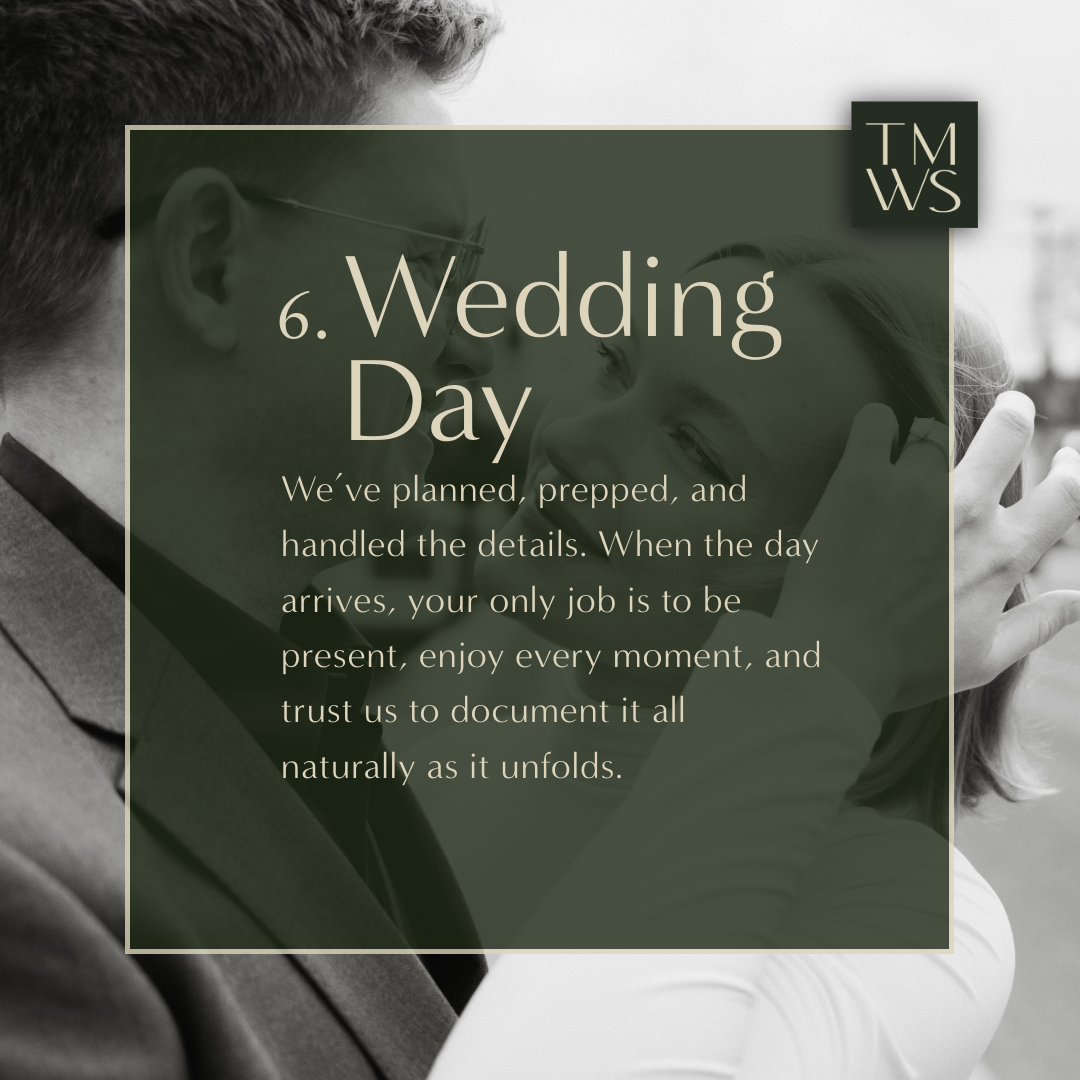 bride looking at groom behind graphic explaining wedding day experience