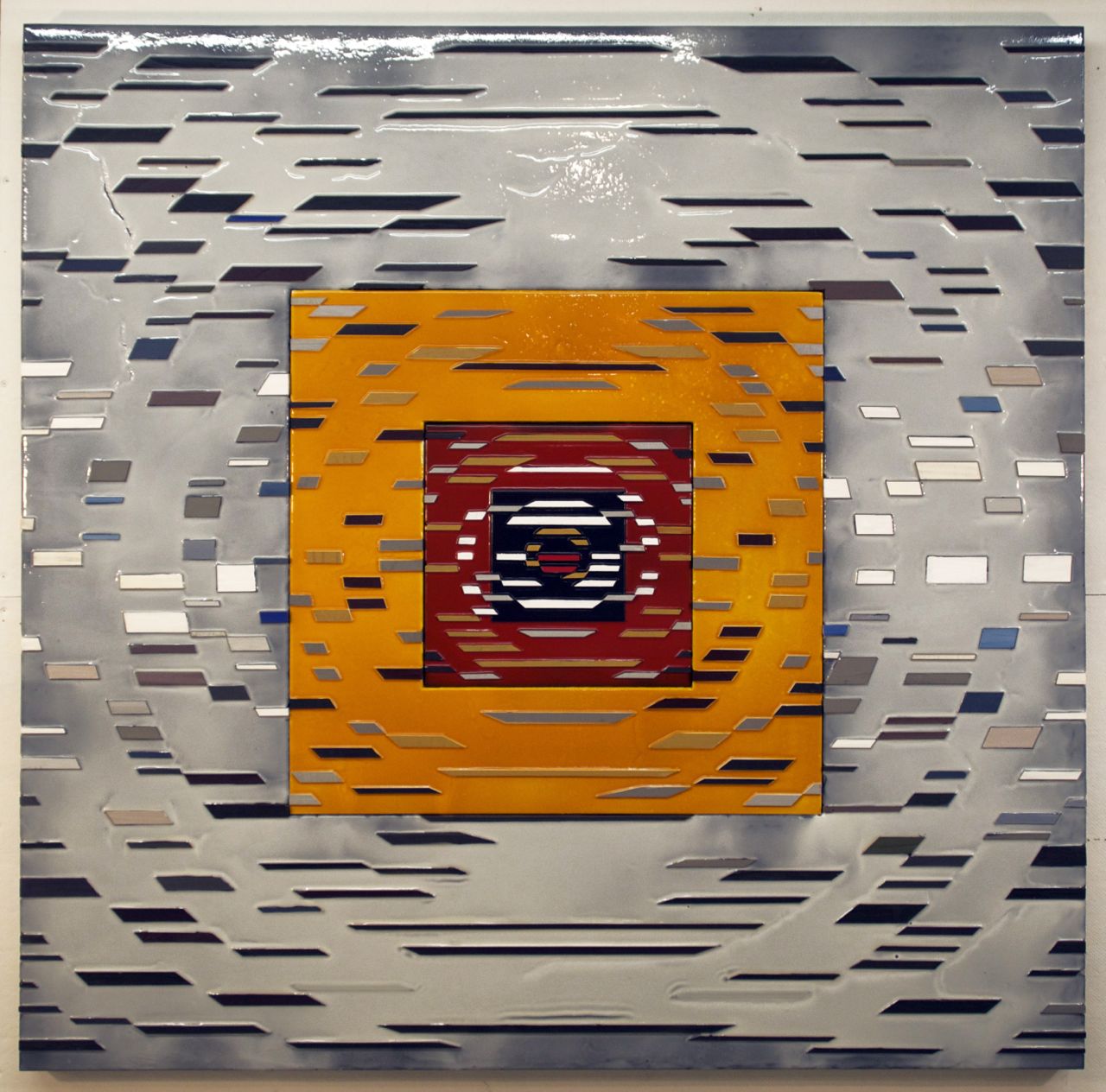 'Transition' Poured acrylic paint and wood on panel, 60 x 60 in, 2012