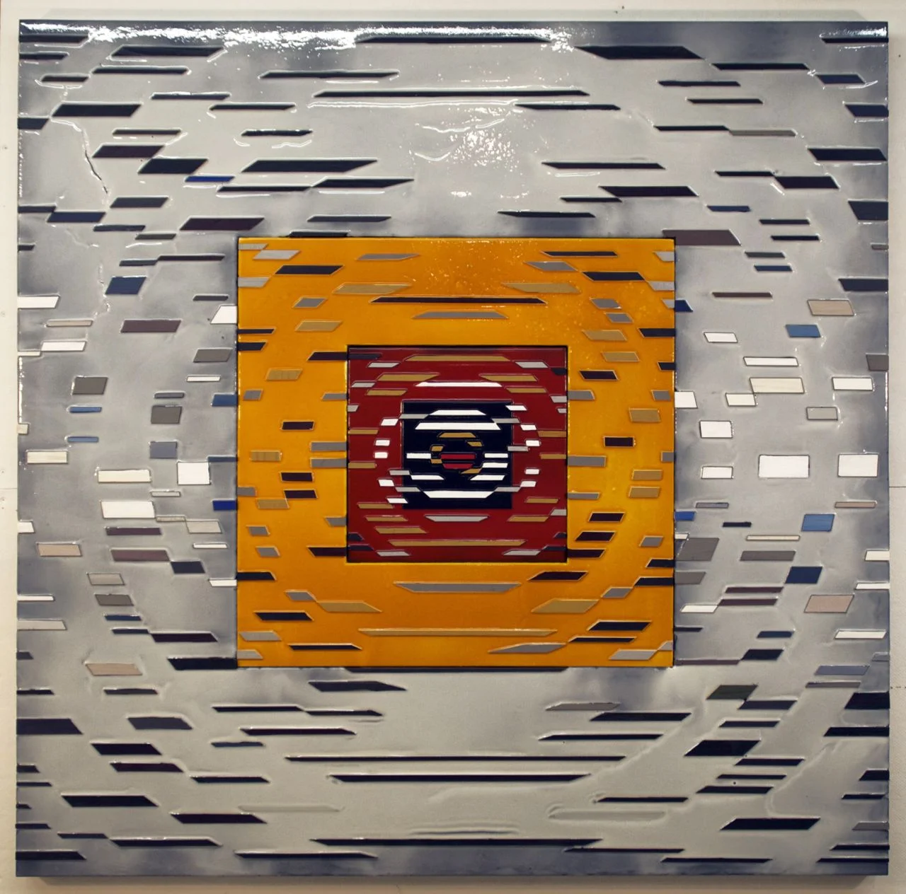 'Transition' Poured acrylic paint and wood on panel, 60 x 60 in, 2012