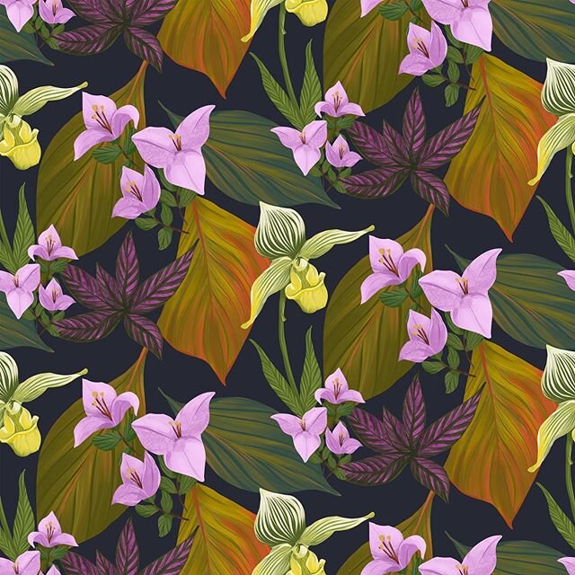 A dark jungle pattern inspired by my travels to the Caribbean. #surfacedesign #fabricdesign