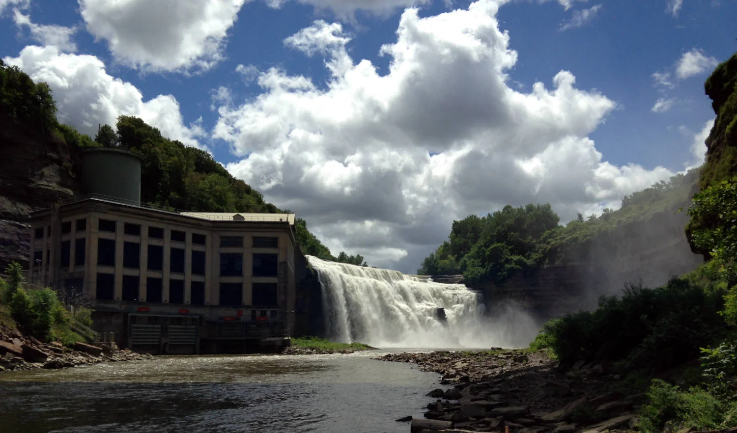 A hydroelectric power plant owned by Rochester Gas and Electric on the banks of Lower Falls Gorge located in Rochester, New York