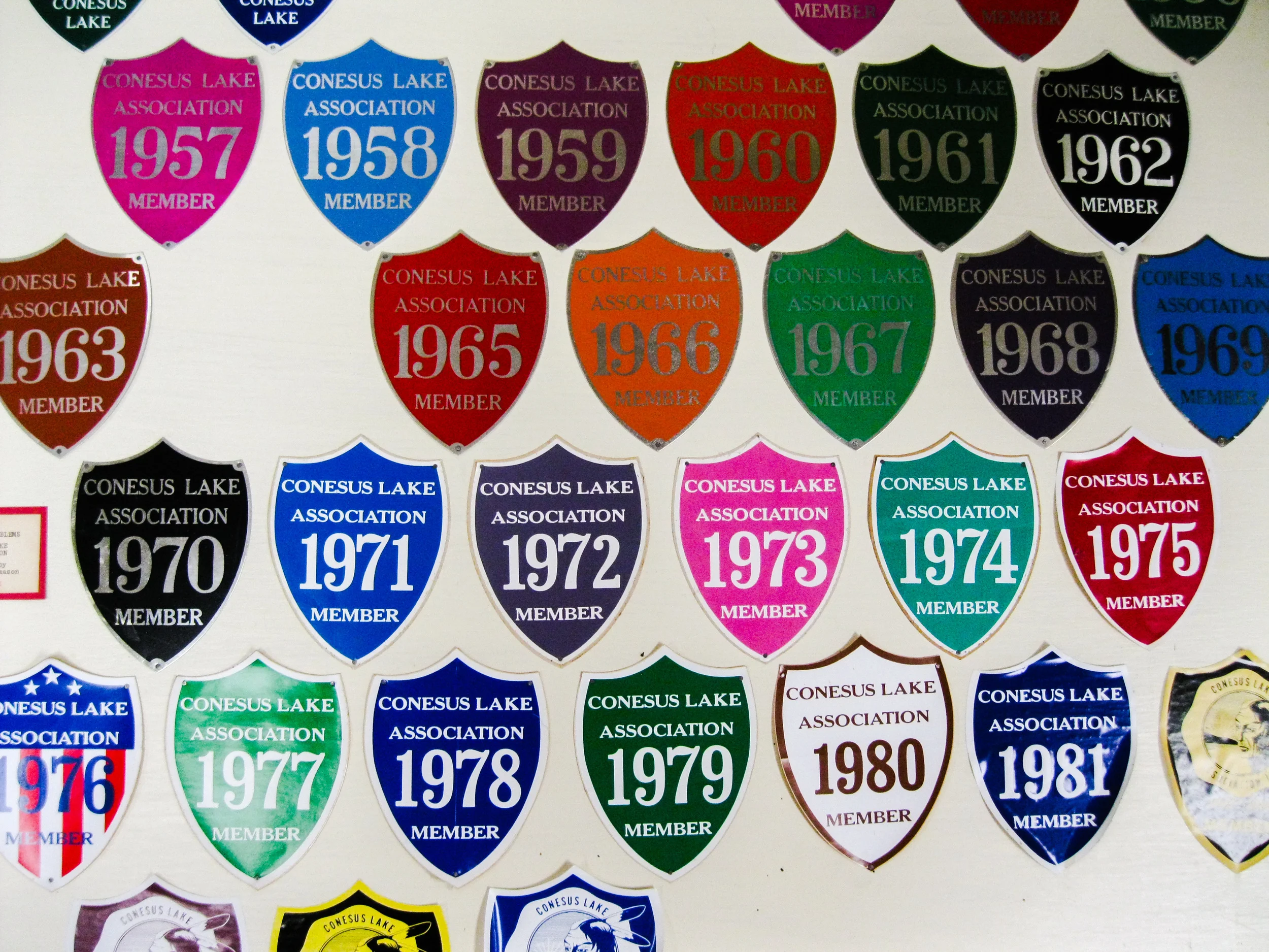 These decals from 1950-1985 honor the history of the Conesus Lake Association, founded in 1932 as the Conesus Lake Cottagers’ Association. Their aim is to “promote the health, safety, and welfare of the residents, both permanent and temporary, of the area community known as Conesus Lake, Livingston County, New York. The Association encourages all residents to proudly display Conesus decals “to show you care for the future of our Lake.” Currently, Conesus Lake serves as the water supply for almost one fourth, or over 18,000 residents of Livingston County.