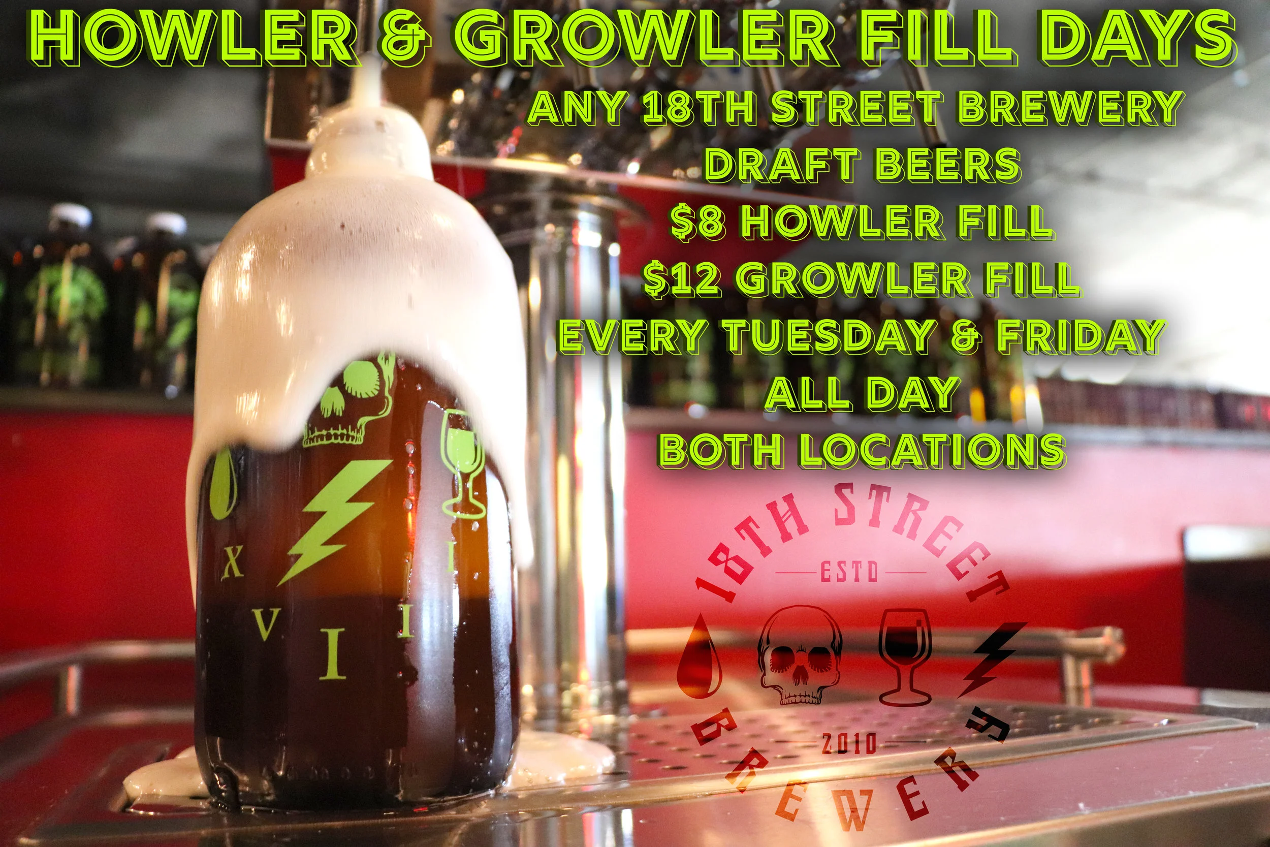It was a scorcher this weekend, so we know you enjoyed some 18th Street beers. Which means you're probably running low!?!? Fear not friends, we've got you covered! Bring those empty howlers and growlers in today and take advantage of our 'Howler & Growler Fill Days'. Any of our 18th Street Brewery beers that we've got on draft will be available to fill in howlers ($8) and growlers ($12). This deal runs all day, every Tuesday and Friday at both our Hammond Brewpub and Miller Taproom locations. #18thstreetbrewery #drinklocal #drinkindiana #drinkcraftbeer #howlers #growlers #beertogo #drinkhereindy #craftbeer #drinkIN