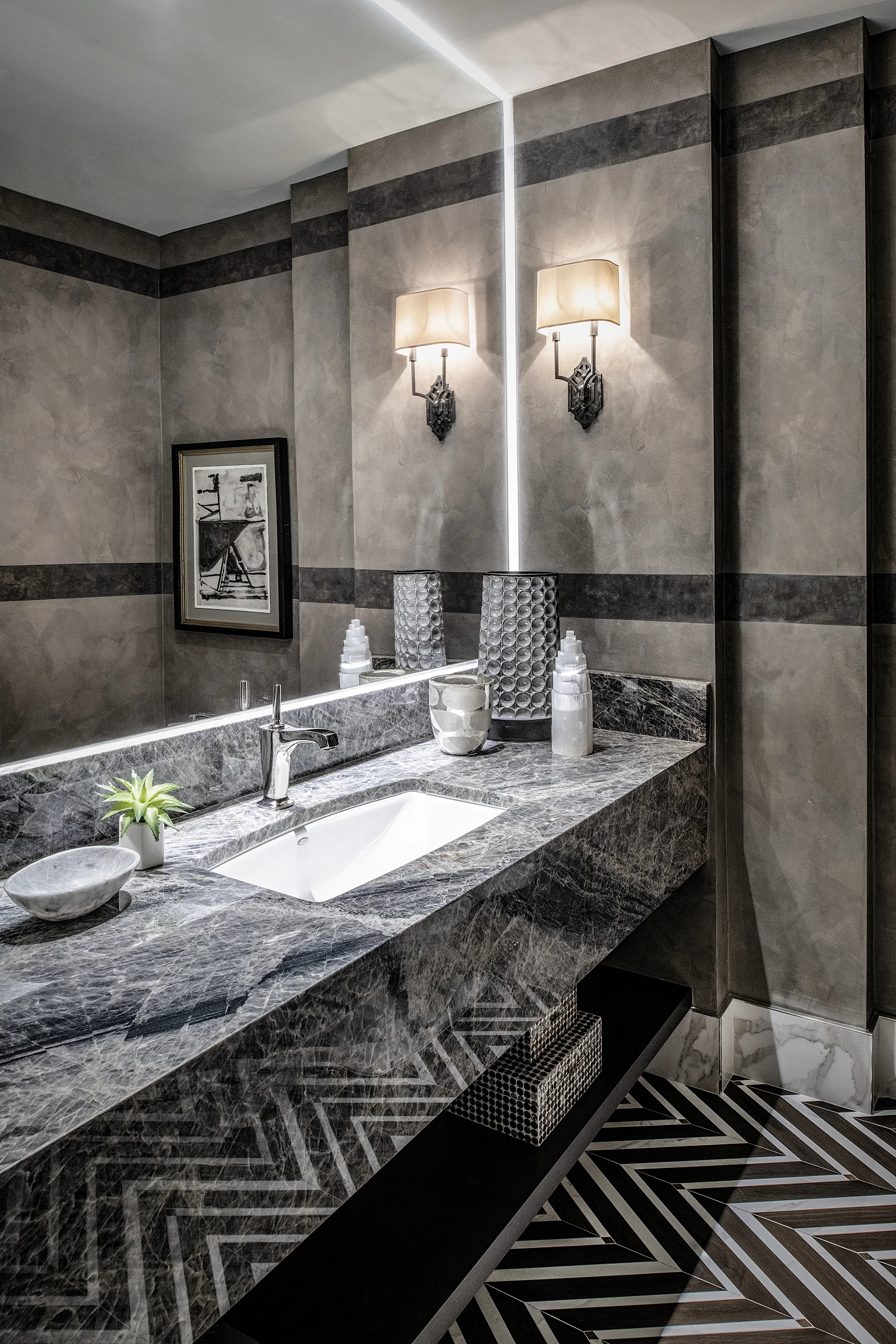 A modern bathroom design in a sea of marble delight.