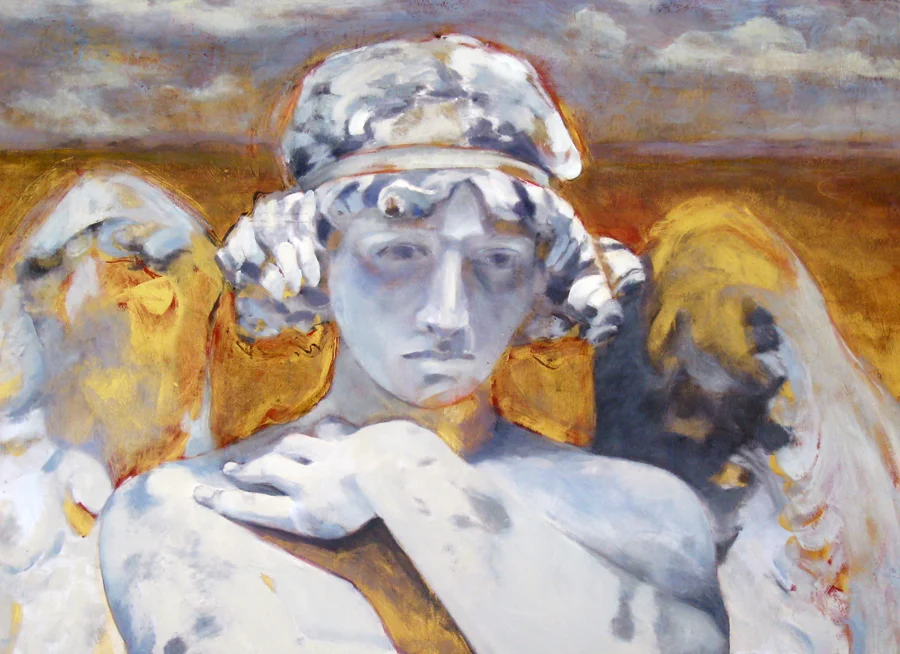Capri Angel with landscape and gold, detail, oil on canvas